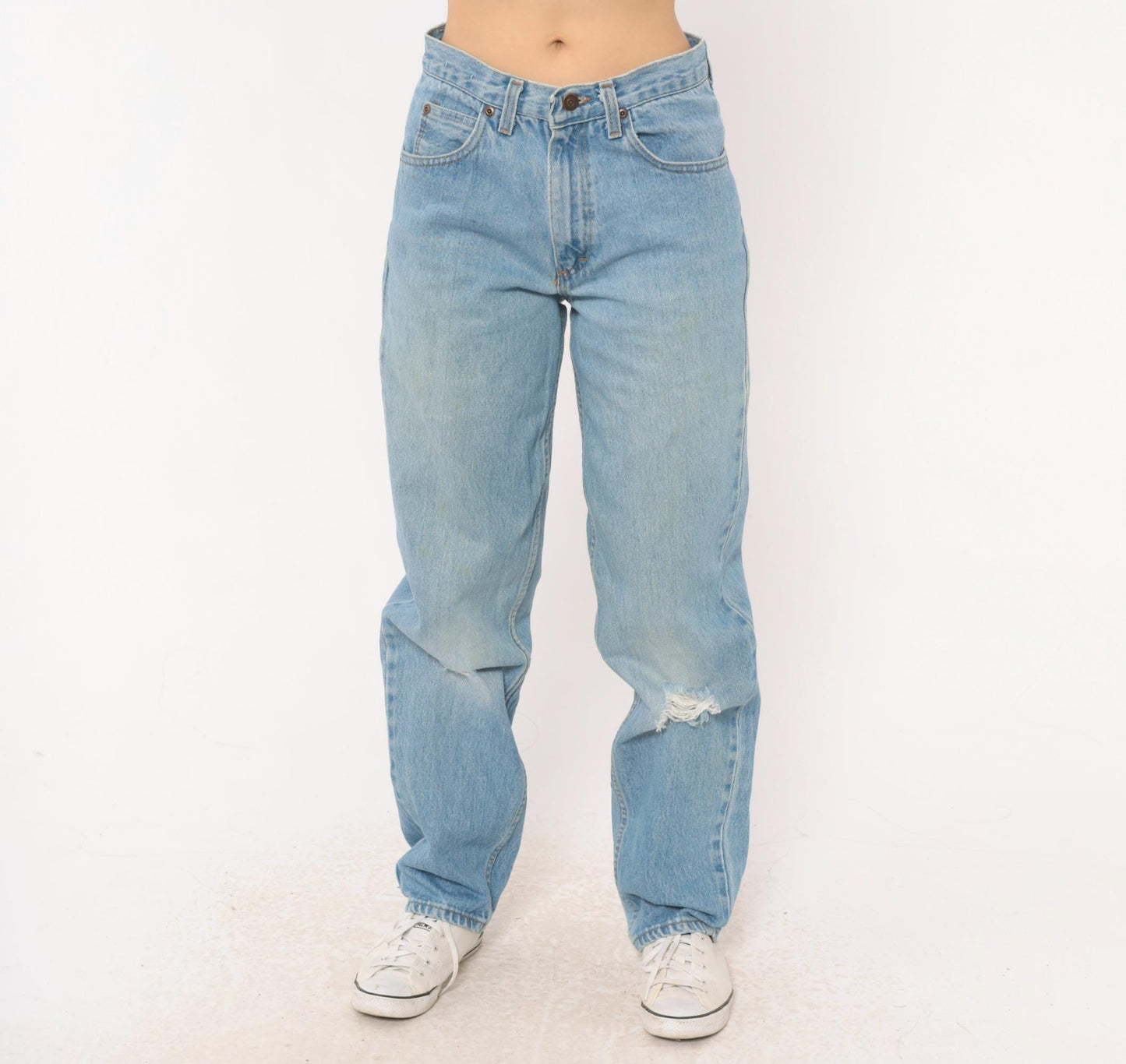 90s Light Wash Straight Leg High Rise Jeans Distressed Knee Rip Denim Small