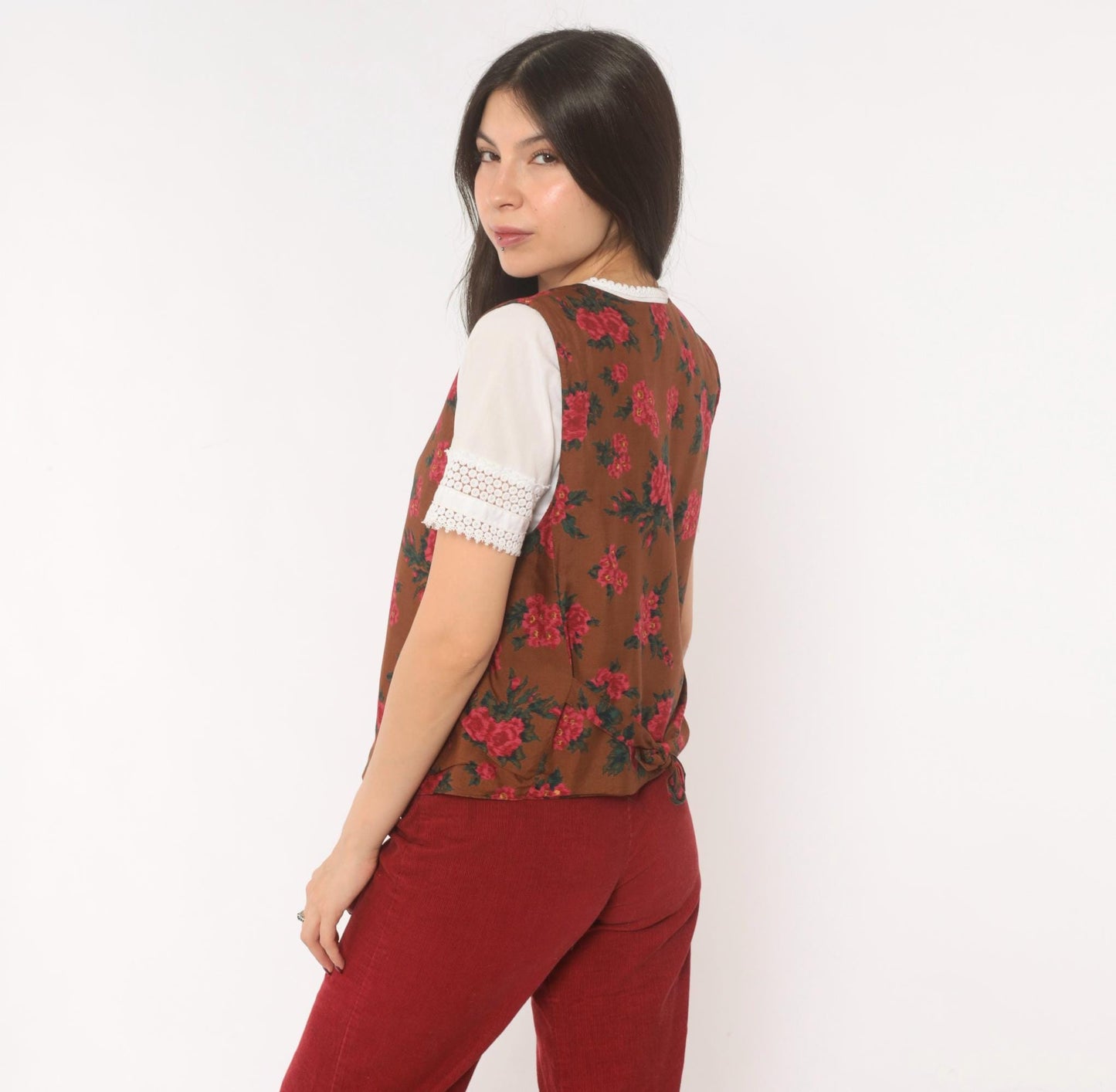 90s Karen Scott Floral Vest Brown Pink Rose Button Front Tie Back Small