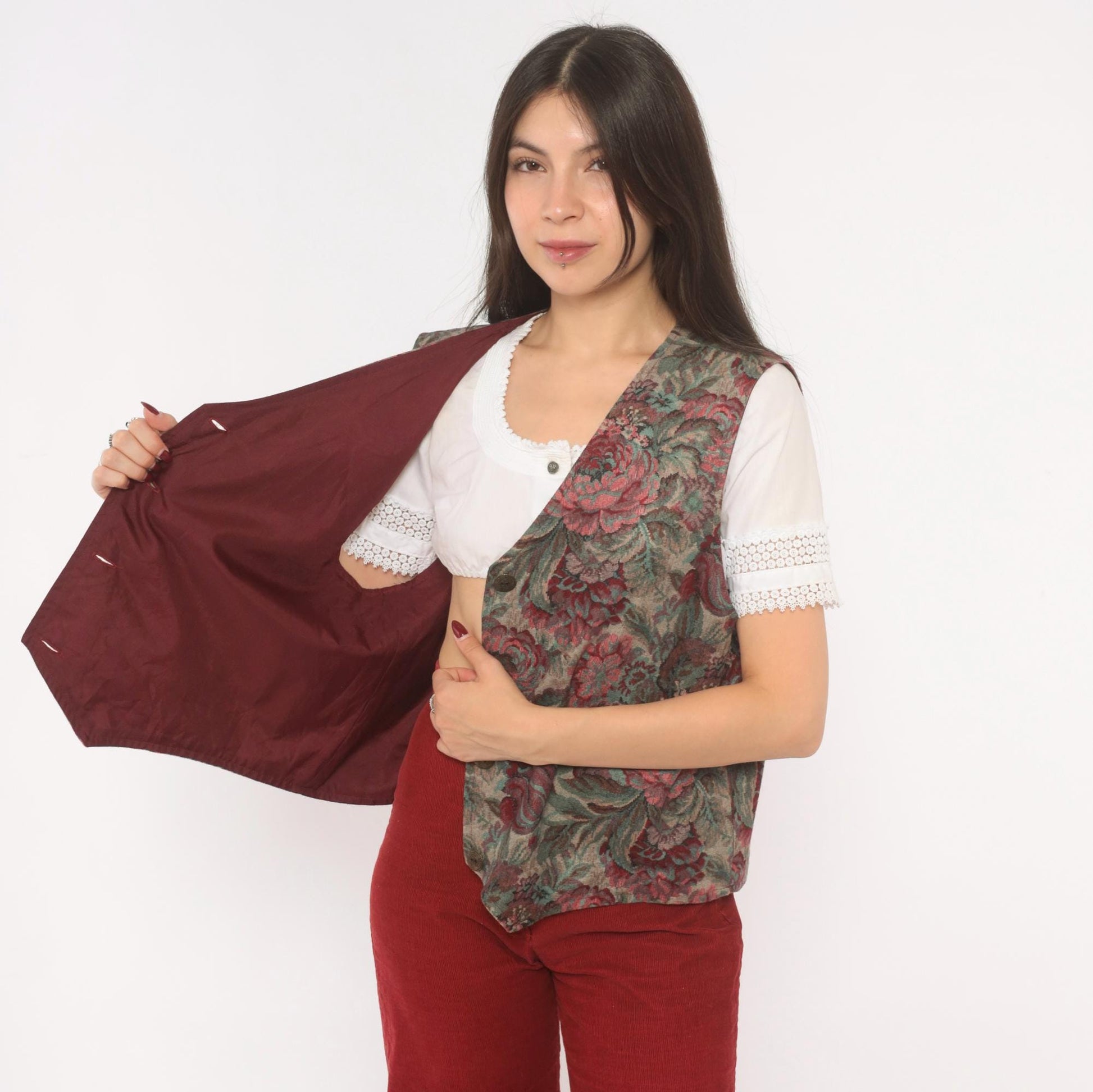 90s Floral Tapestry Vest Burgundy Teal Rose Jacquard Button Front Large L
