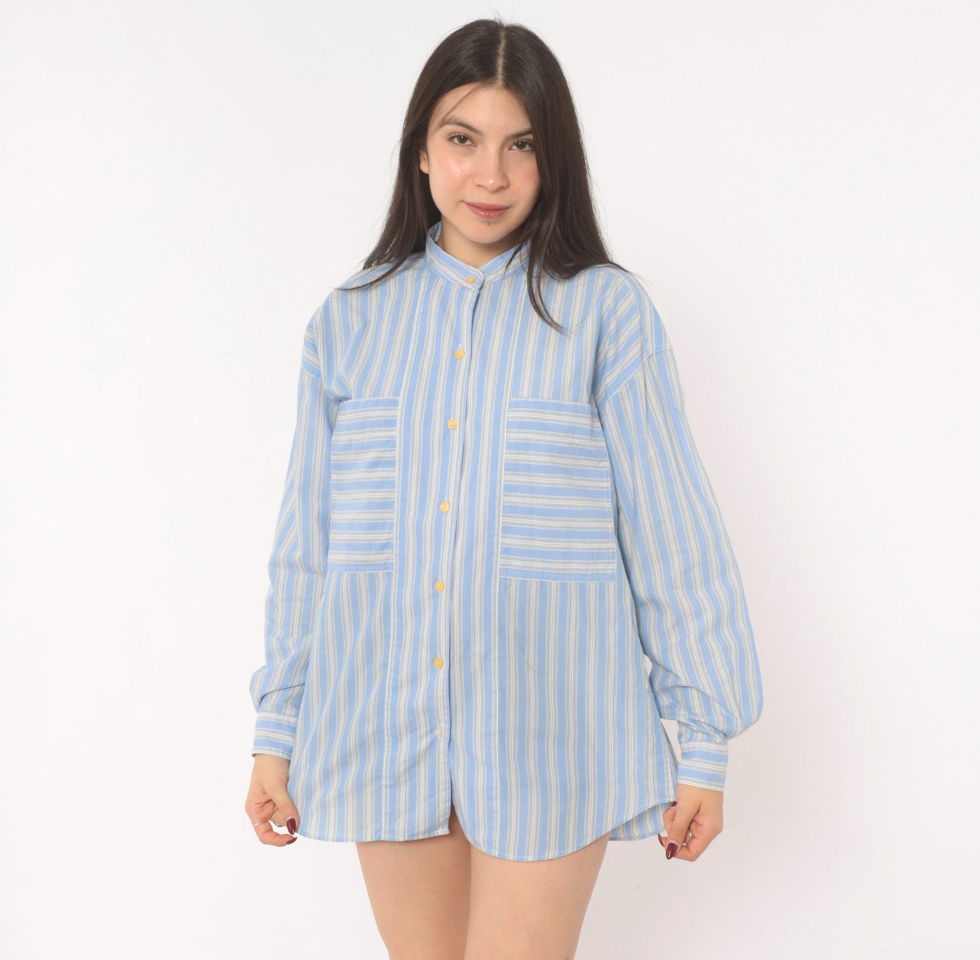 90s Gap Blue White Striped Shirt Band Collar Cotton Blouse Medium M