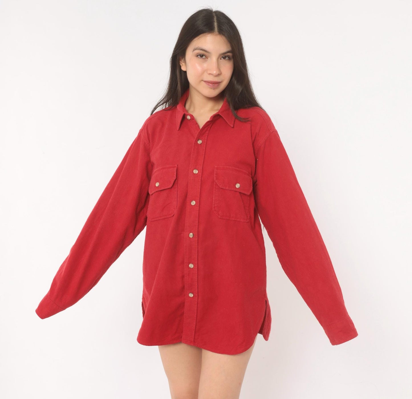 Woolrich 90s Red Cotton Flannel Button-Up Shirt Dual Chest Pocket Large L