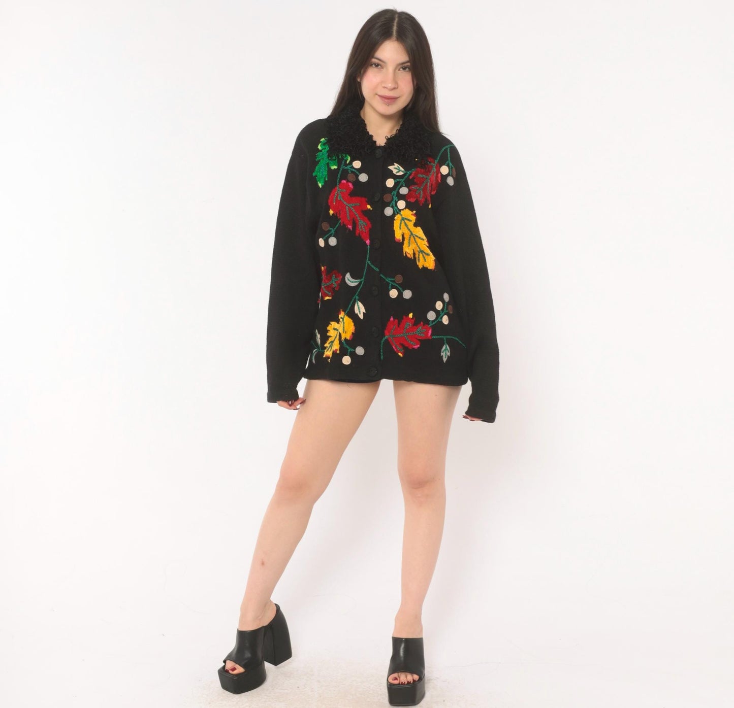 90s Victoria Harbour Black Cardigan Embroidered Autumn Leaves Large L