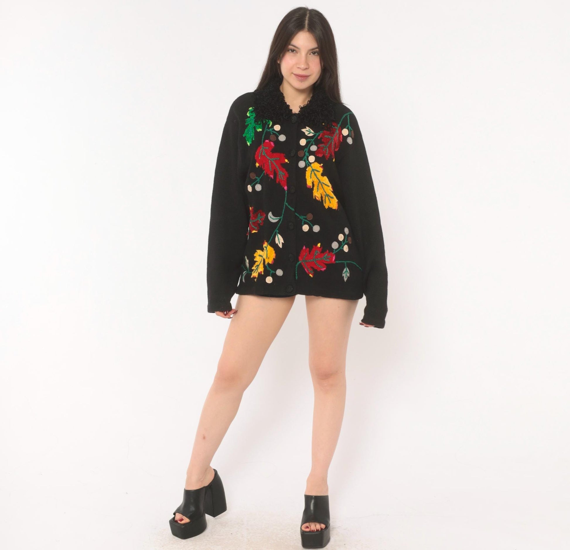 90s Victoria Harbour Black Cardigan Embroidered Autumn Leaves Large L