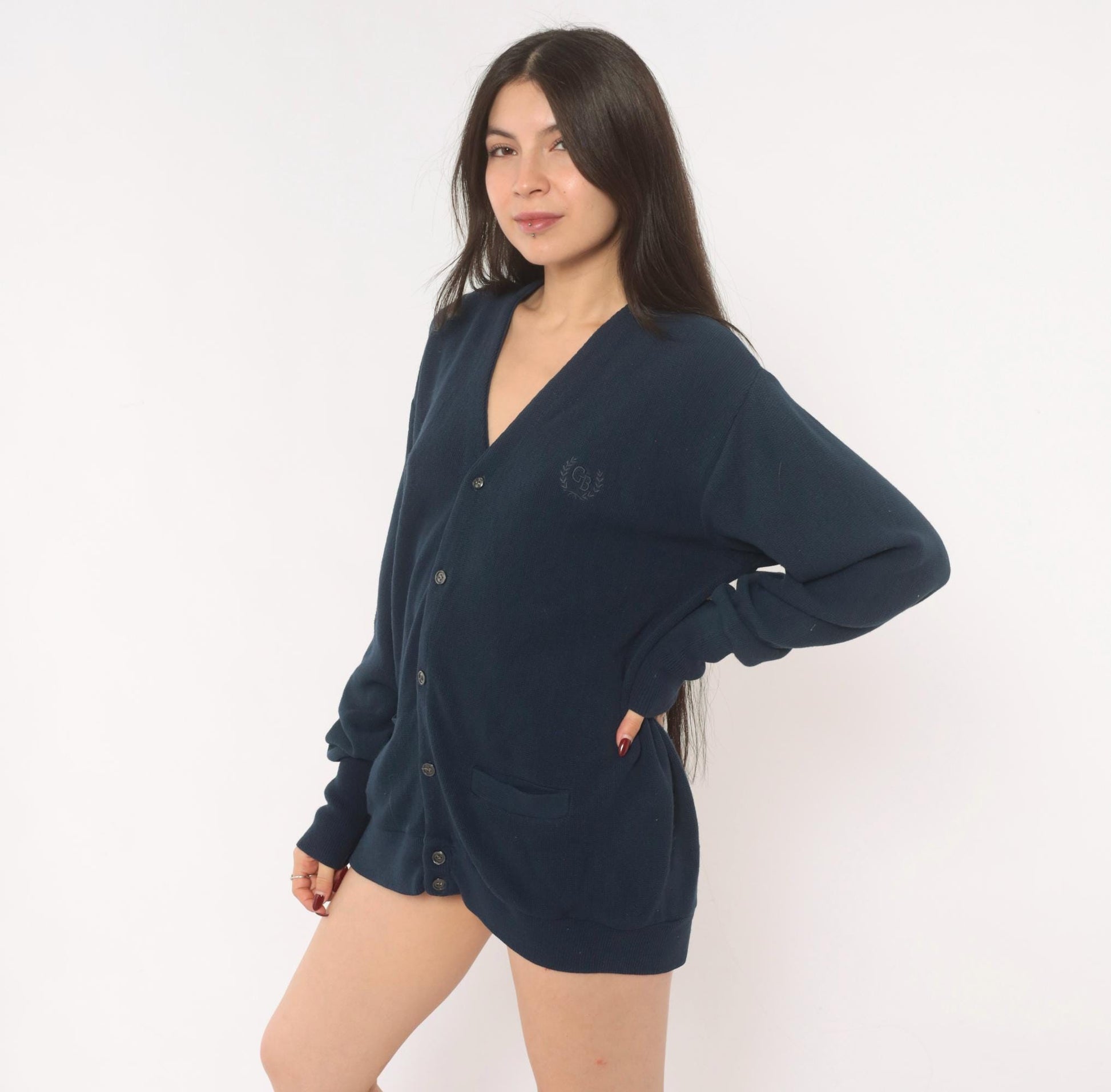 Geoffrey Beene Navy Cardigan V-Neck Button Front Knit Sweater Medium M