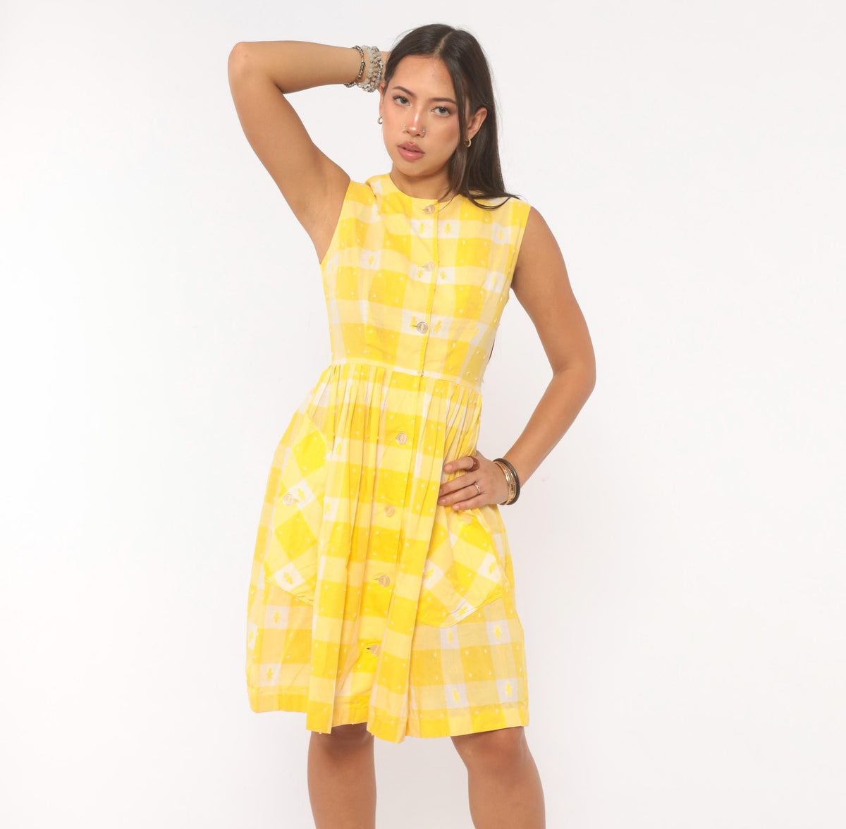 60s Yellow White Gingham Cotton Sundress Button Front Pleated Knee Length Extra Small
