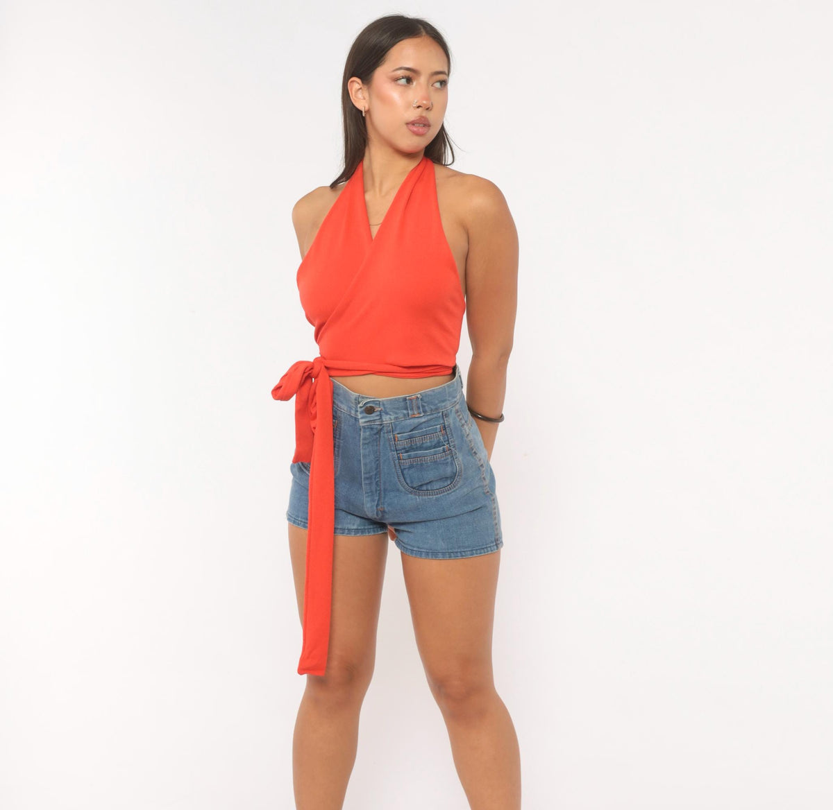 70s Crazy Horse Red Wrap Halter Crop Top Backless Surplice V-Neck Small