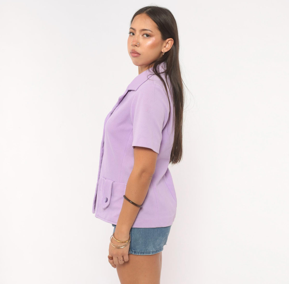 70s Lilac Button Front Blazer Short Sleeve Notched Lapel Fitted Waist Medium