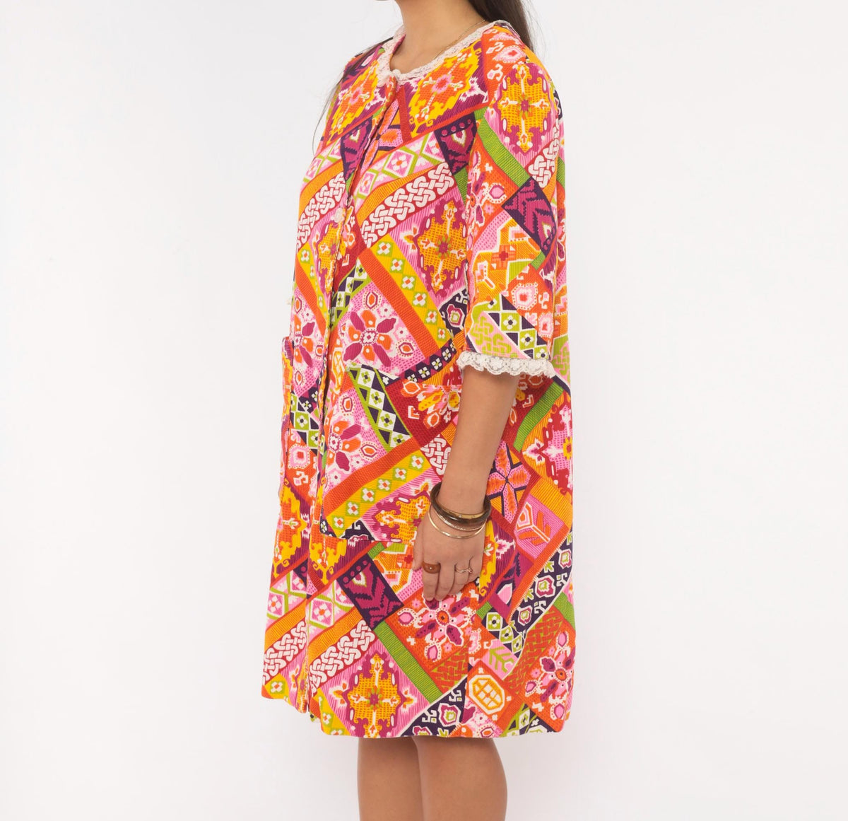 1970s Patchwork Button Front Shift Dress Knee Length Cotton Multicolor Medium M