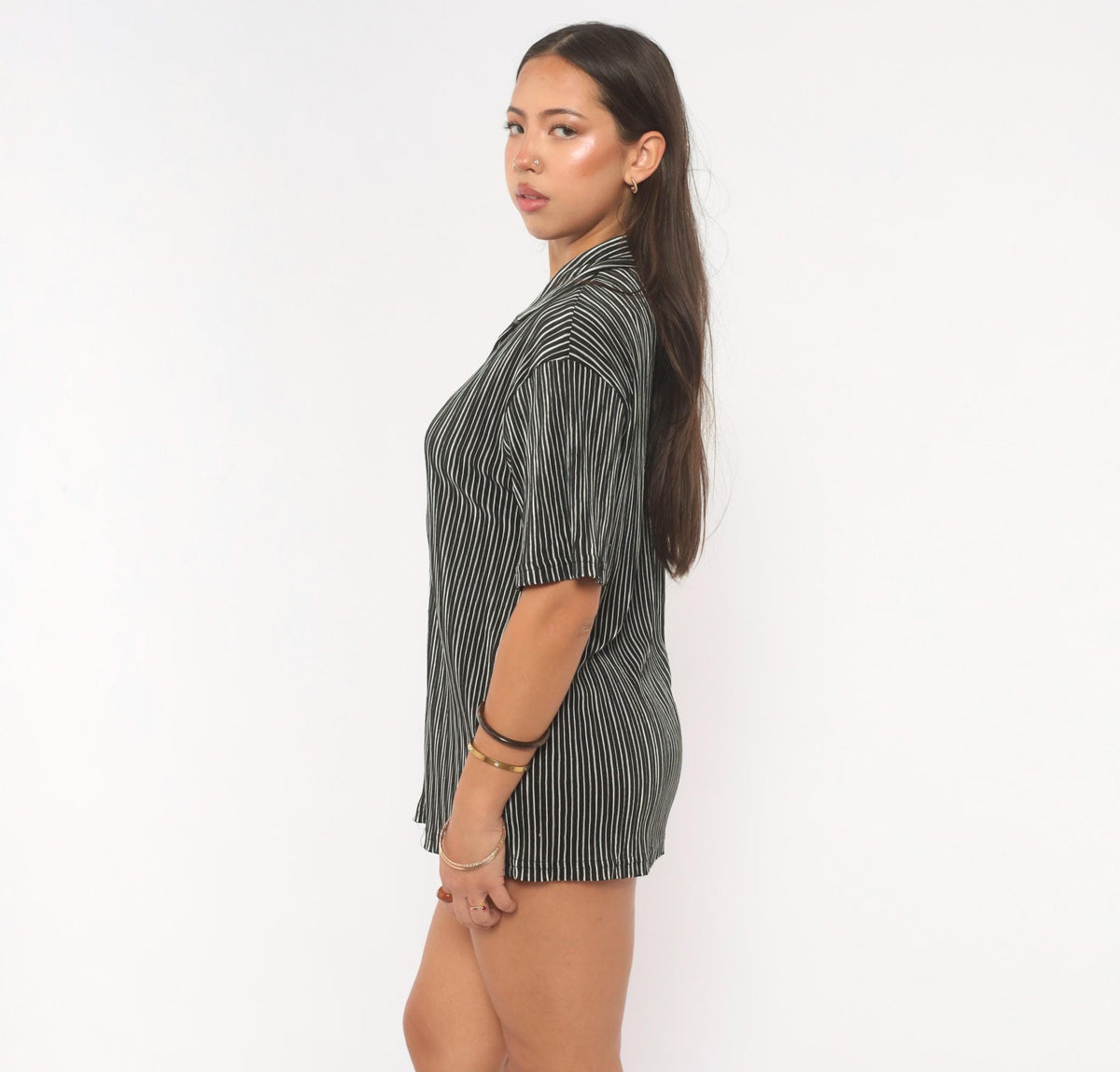 Y2K Black Pinstripe Button Up Camp Collar Shirt White Stripe Short Sleeve Small
