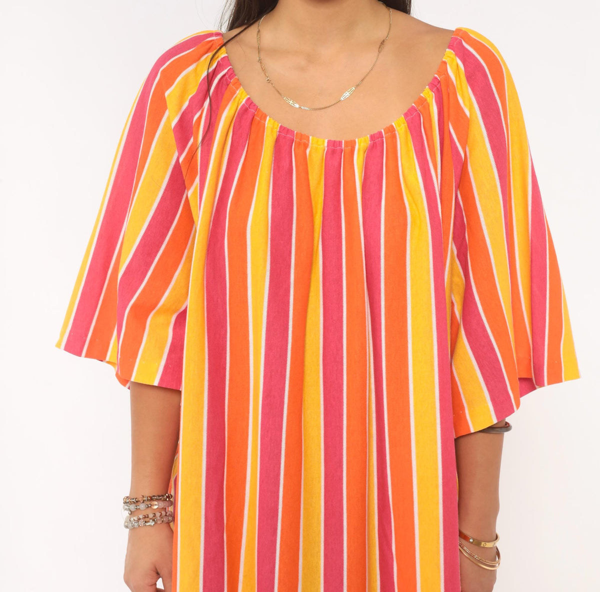 70s Striped Caftan Orange Pink Yellow Cotton Maxi Dress Flutter Sleeve Plus Size 3X
