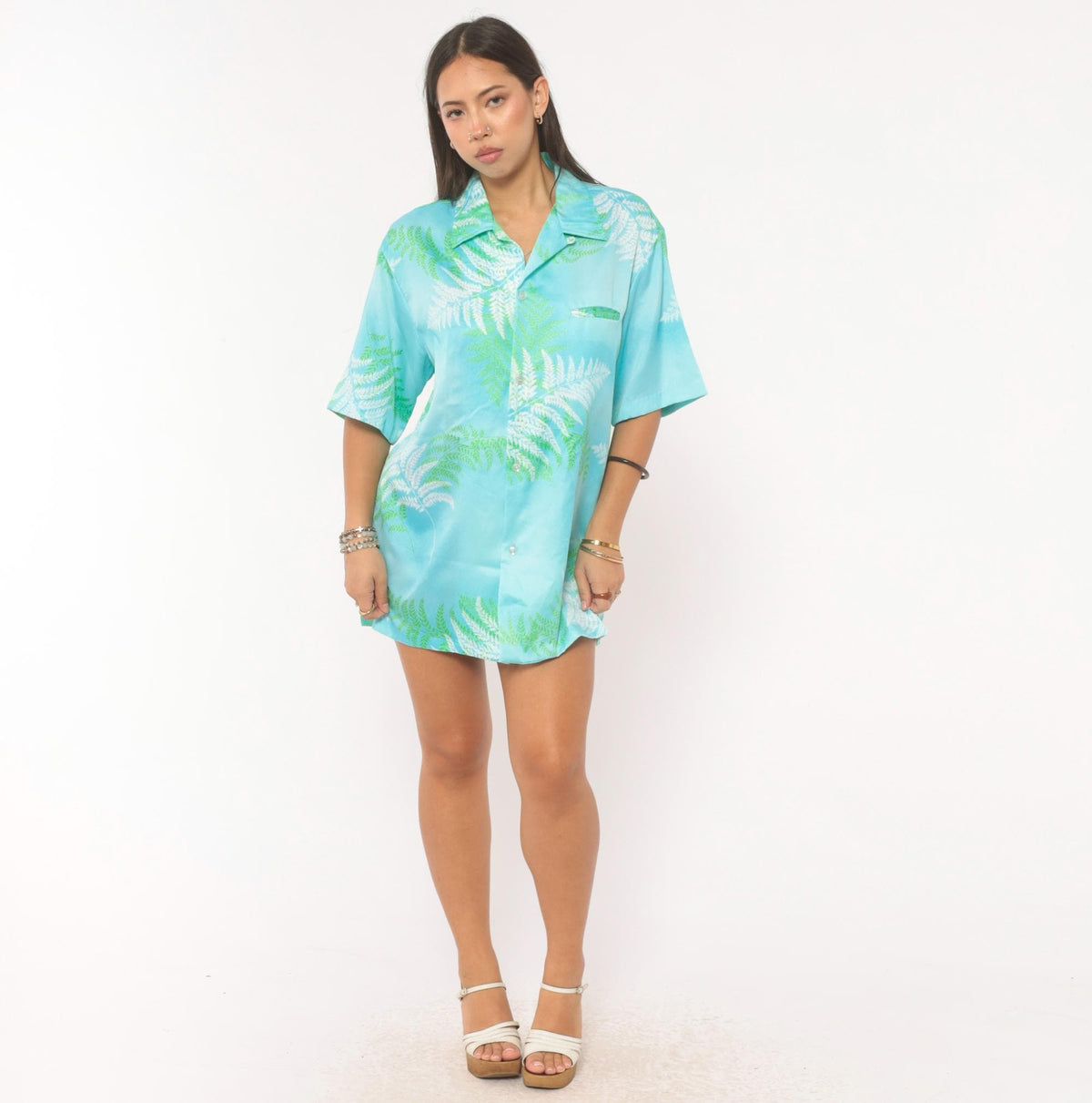 90s Malihini Hawaiian Shirt Fern Print Aqua Blue Green Leaf Camp Collar Medium