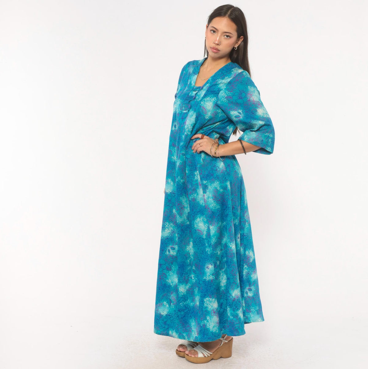70s Psychedelic Floral Maxi Dress Blue Purple Teal Cotton Square Neck Medium