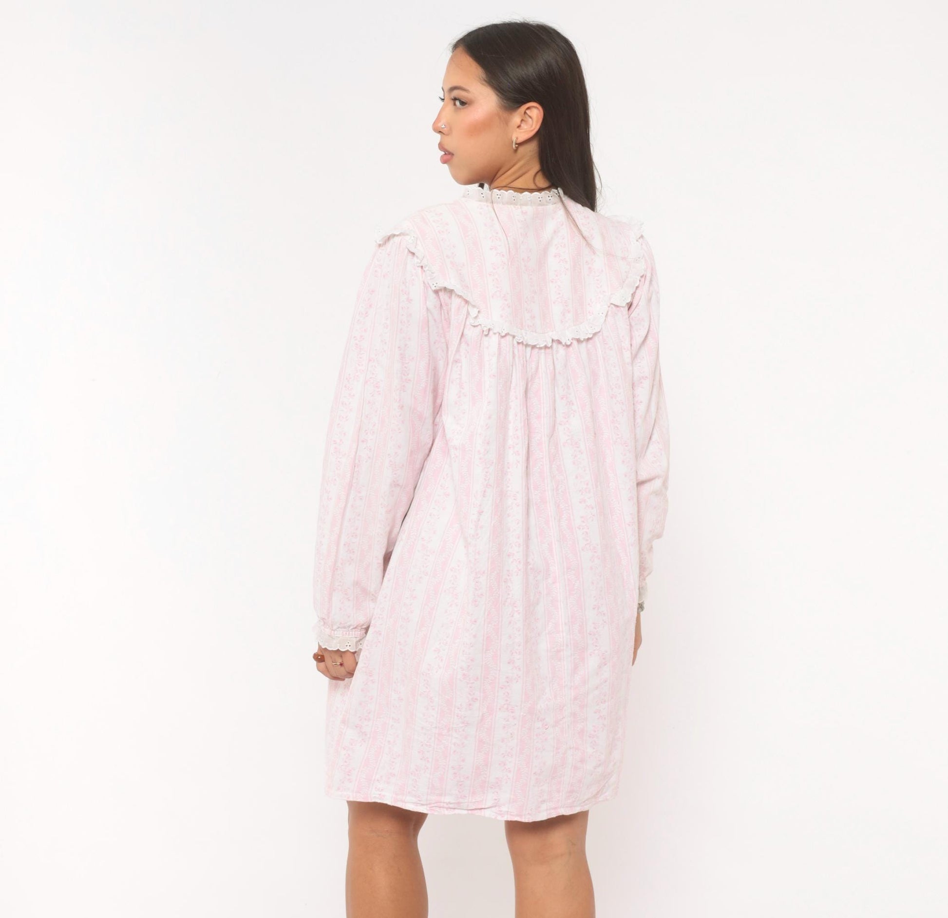 80s Larz of Salzbury Pink Floral Striped Cotton Nightgown Small