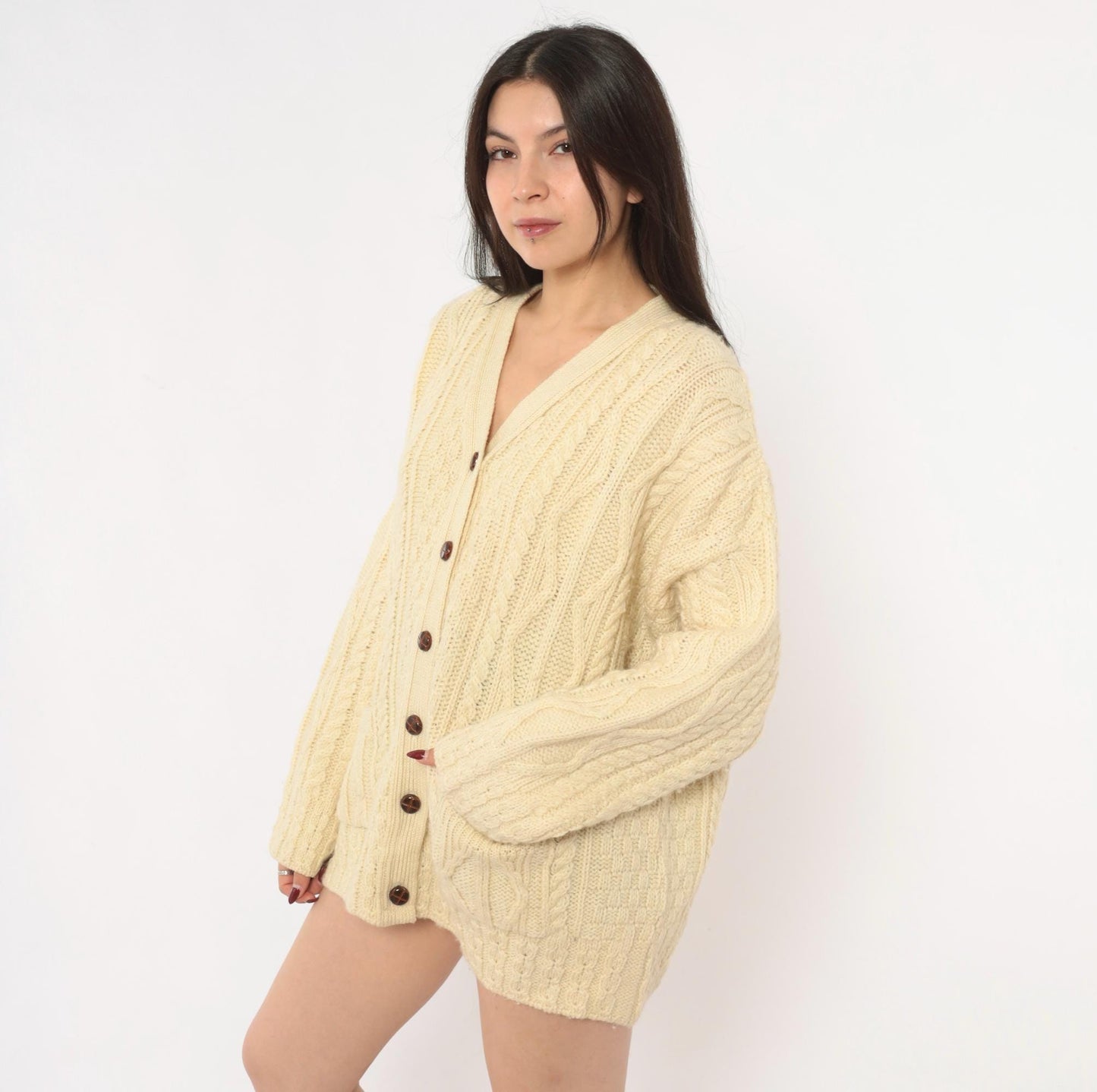 80s Celtic Country Cable Knit Cardigan Cream Wool Button Front Large L