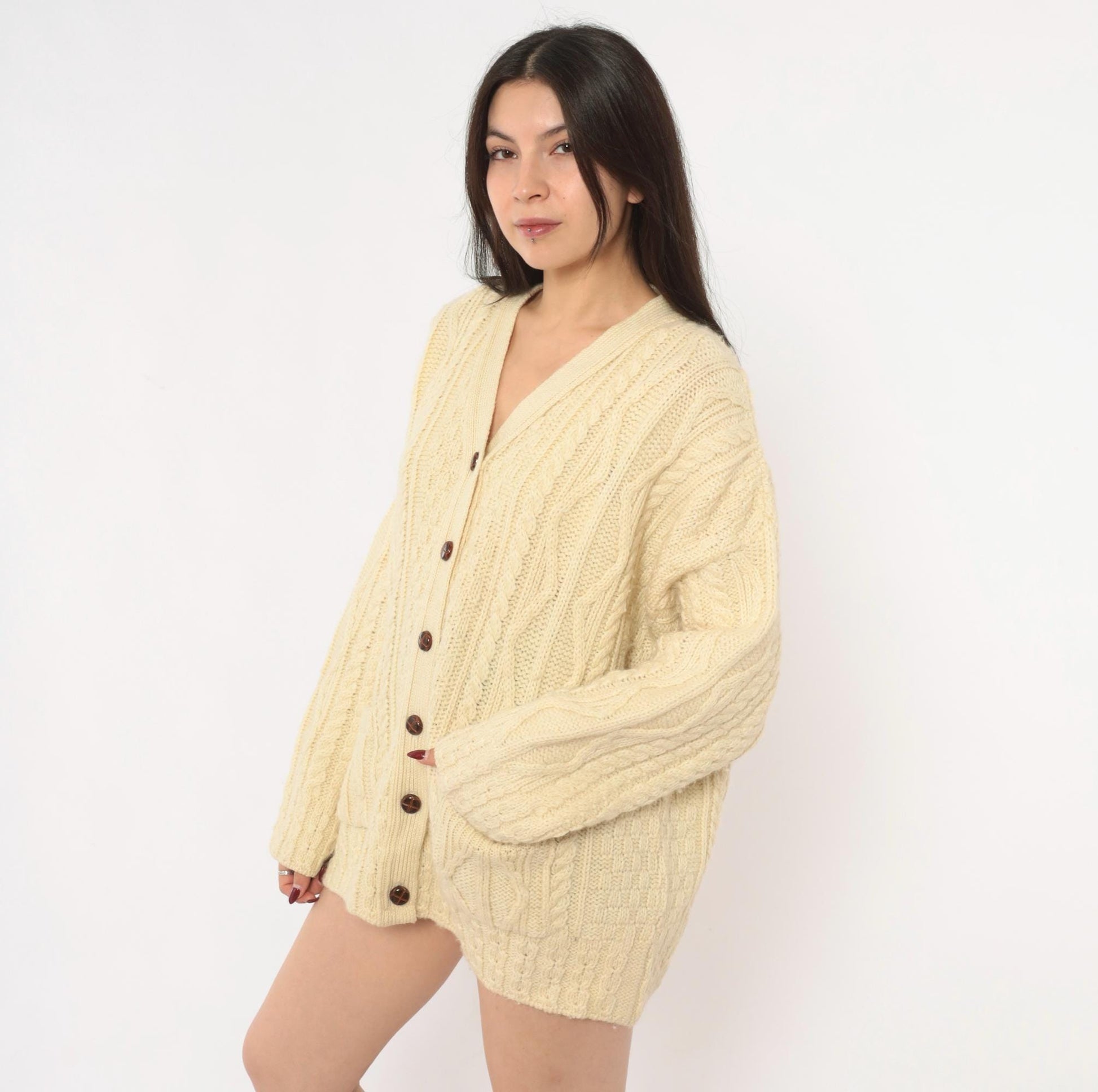 80s Celtic Country Cable Knit Cardigan Cream Wool Button Front Large L