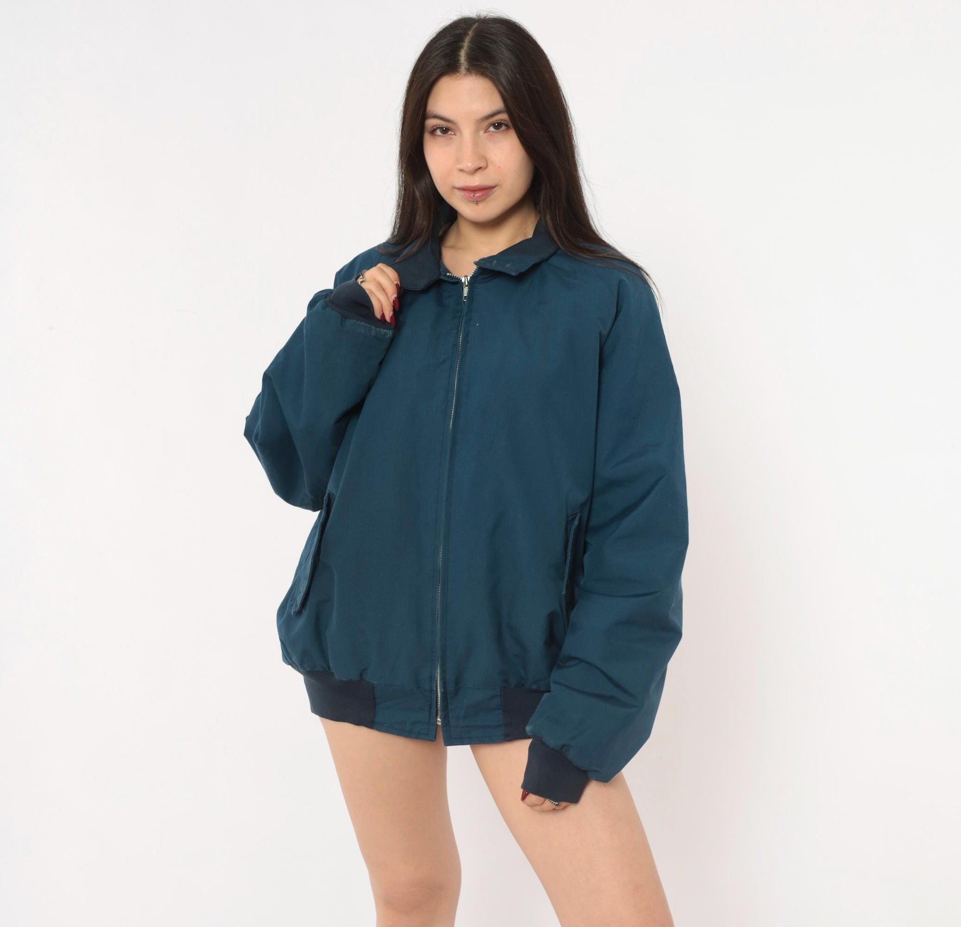 80s Sportsmaster Navy Harrington Bomber Jacket Zip Front Large L