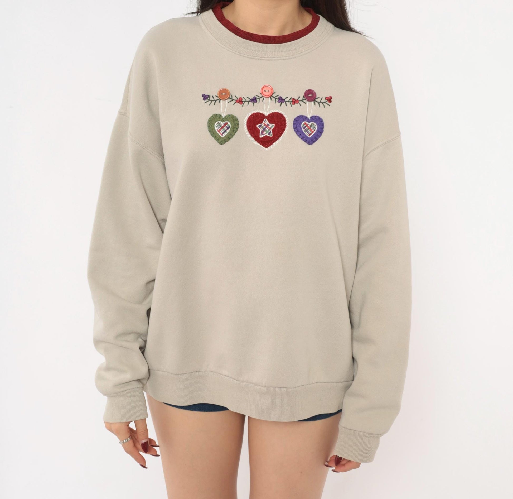 90s Taupe Crewneck Sweatshirt Heart Applique Folk Art Embroidered Medium M