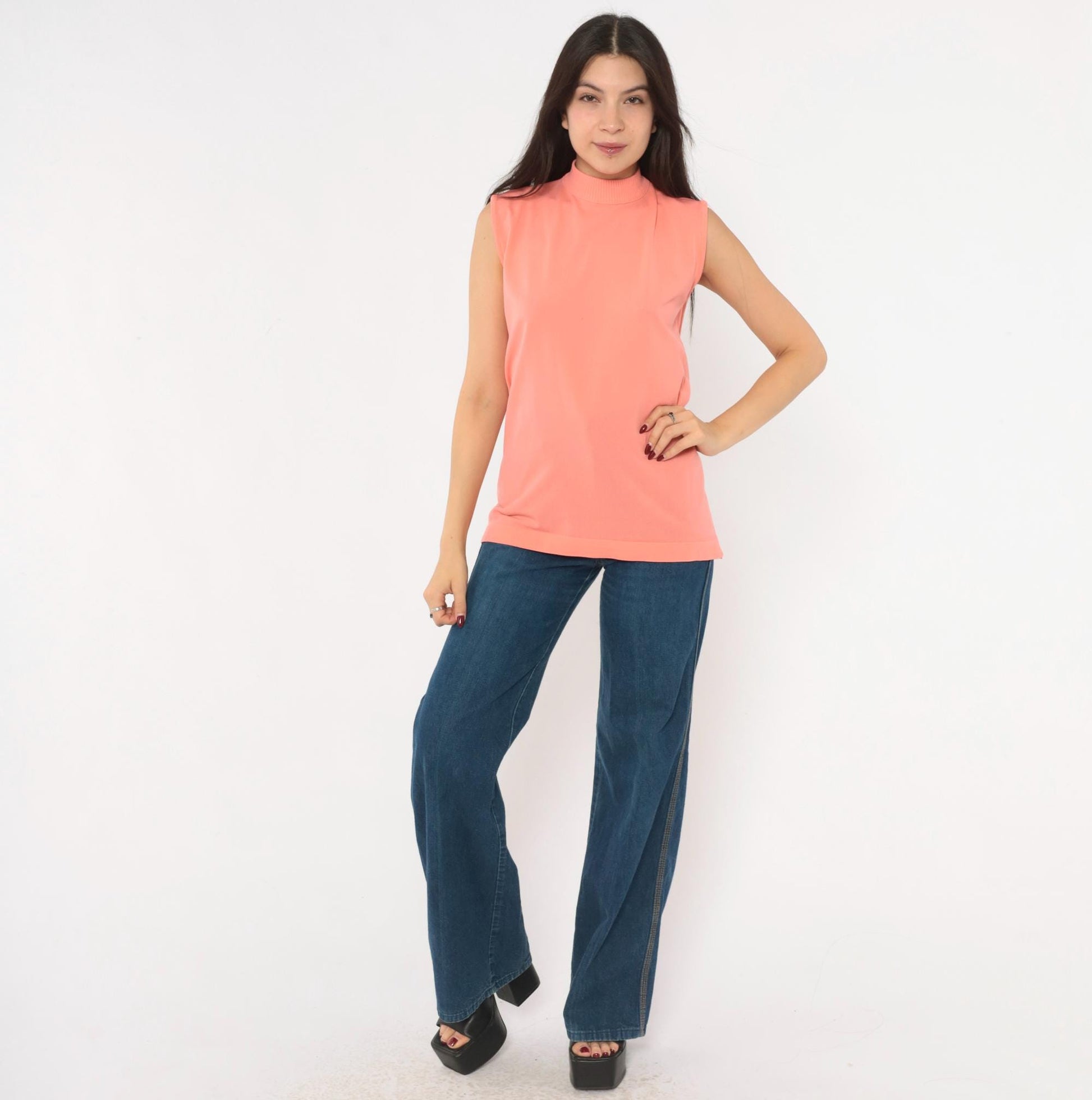 70s Booth Bay Coral Tank Top Mock Neck Sleeveless Blouse Large L