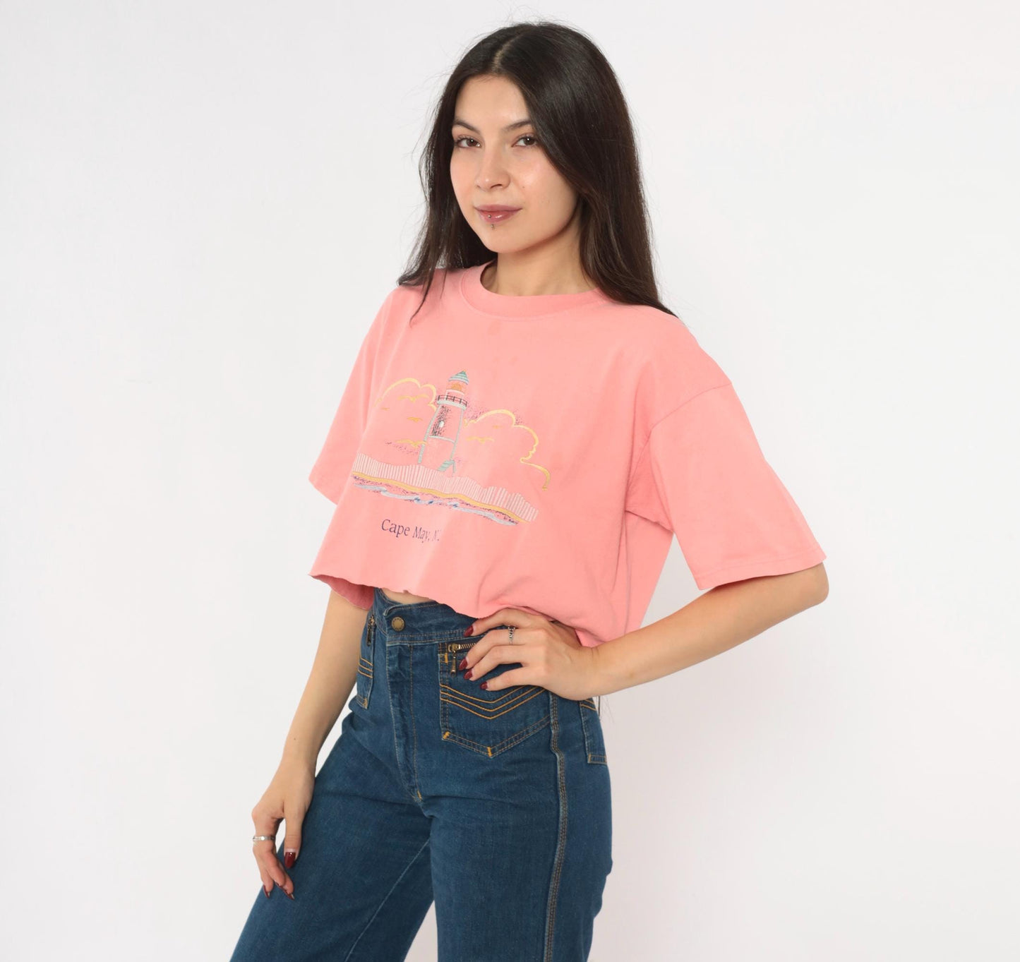 90s Anvil Lighthouse Cape May Crop Top Embroidered Cotton Pink Large L