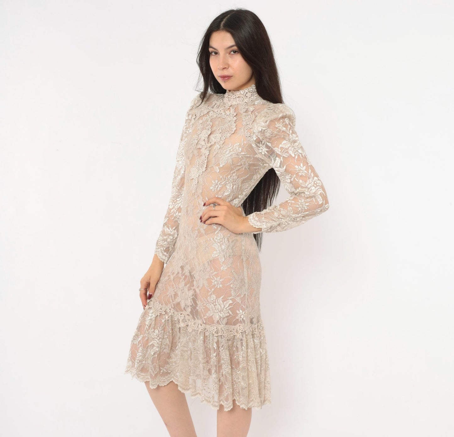 90s Cream Floral Lace Dress Pearl Button Back Puff Sleeve Small