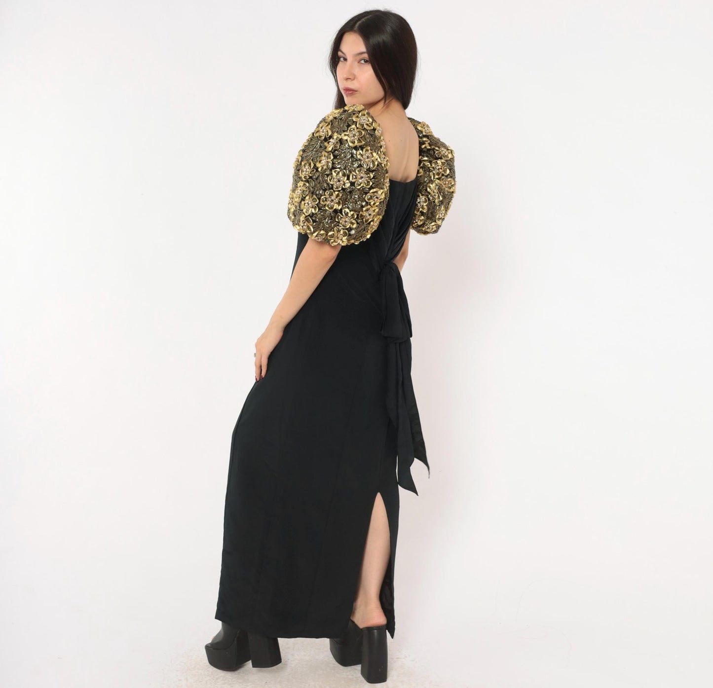 80s Eve of Milady Black Maxi Gown Gold Puff Sleeve Beaded Floral Medium