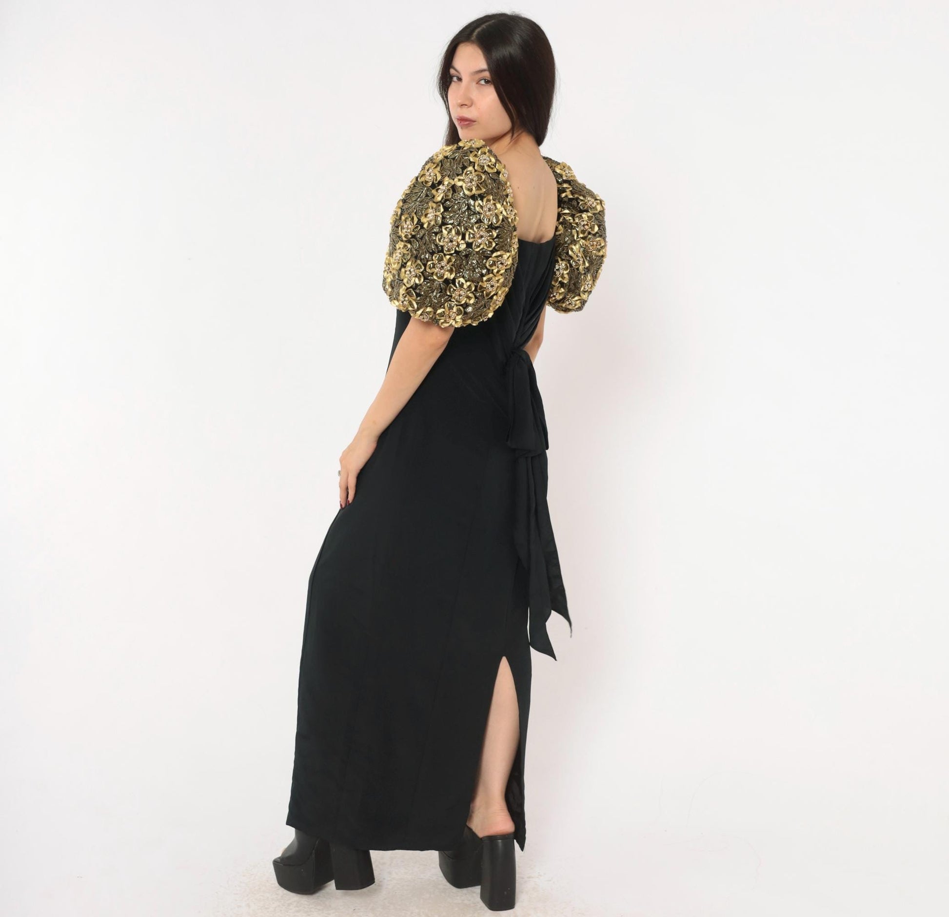 80s Eve of Milady Black Maxi Gown Gold Puff Sleeve Beaded Floral Medium