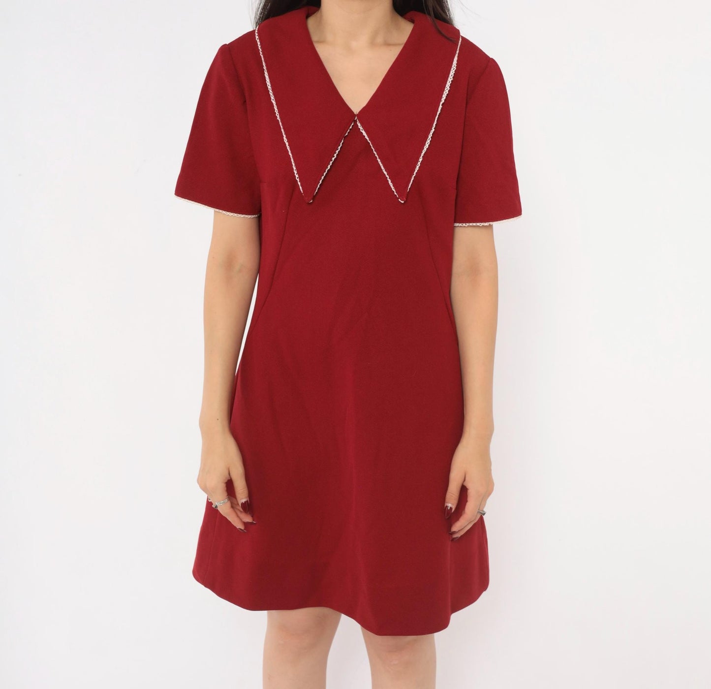 70s Burgundy Sailor Collar A-Line Dress Lace Trim Knee Length Medium