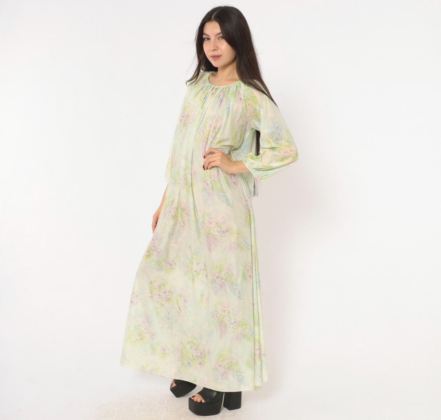 70s Floral Watercolor Maxi Nightgown Lavender Pink Blue Balloon Sleeve Medium M