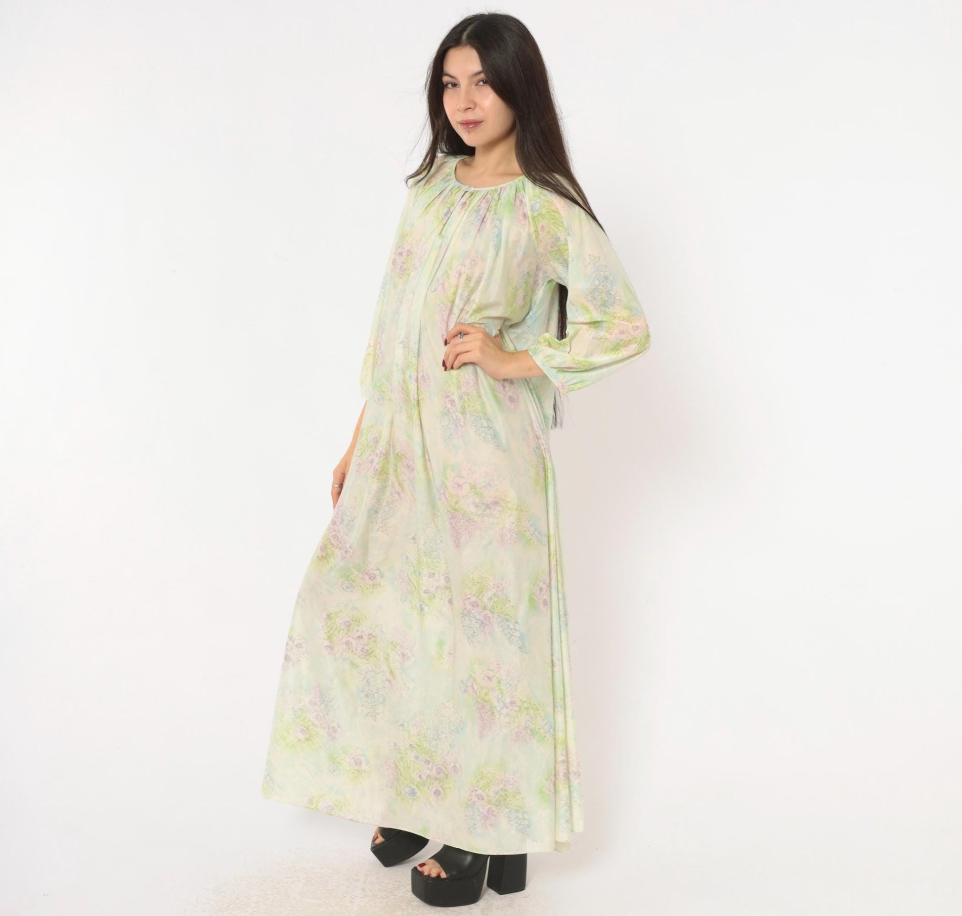 70s Floral Watercolor Maxi Nightgown Lavender Pink Blue Balloon Sleeve Medium M