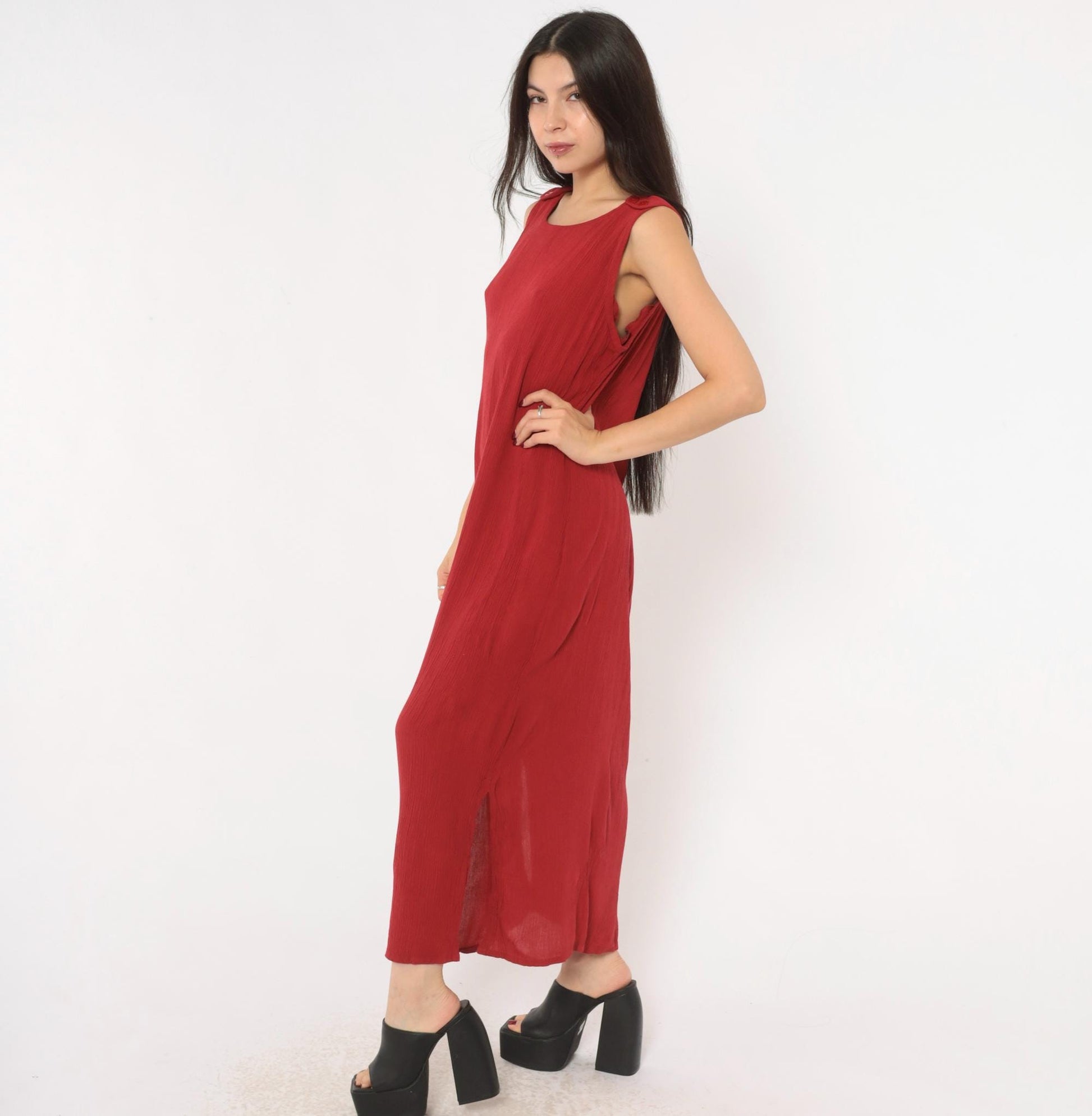 90s Sag Harbor Cranberry Maxi Dress Sleeveless Shoulder Buttons Extra Large
