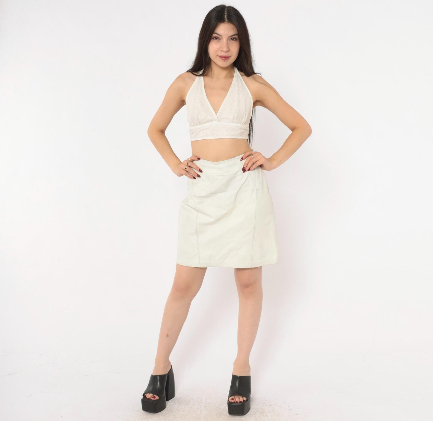 80s Ivory Leather Mini Skirt A-Line High Waist Paneled Seam Detail Small S