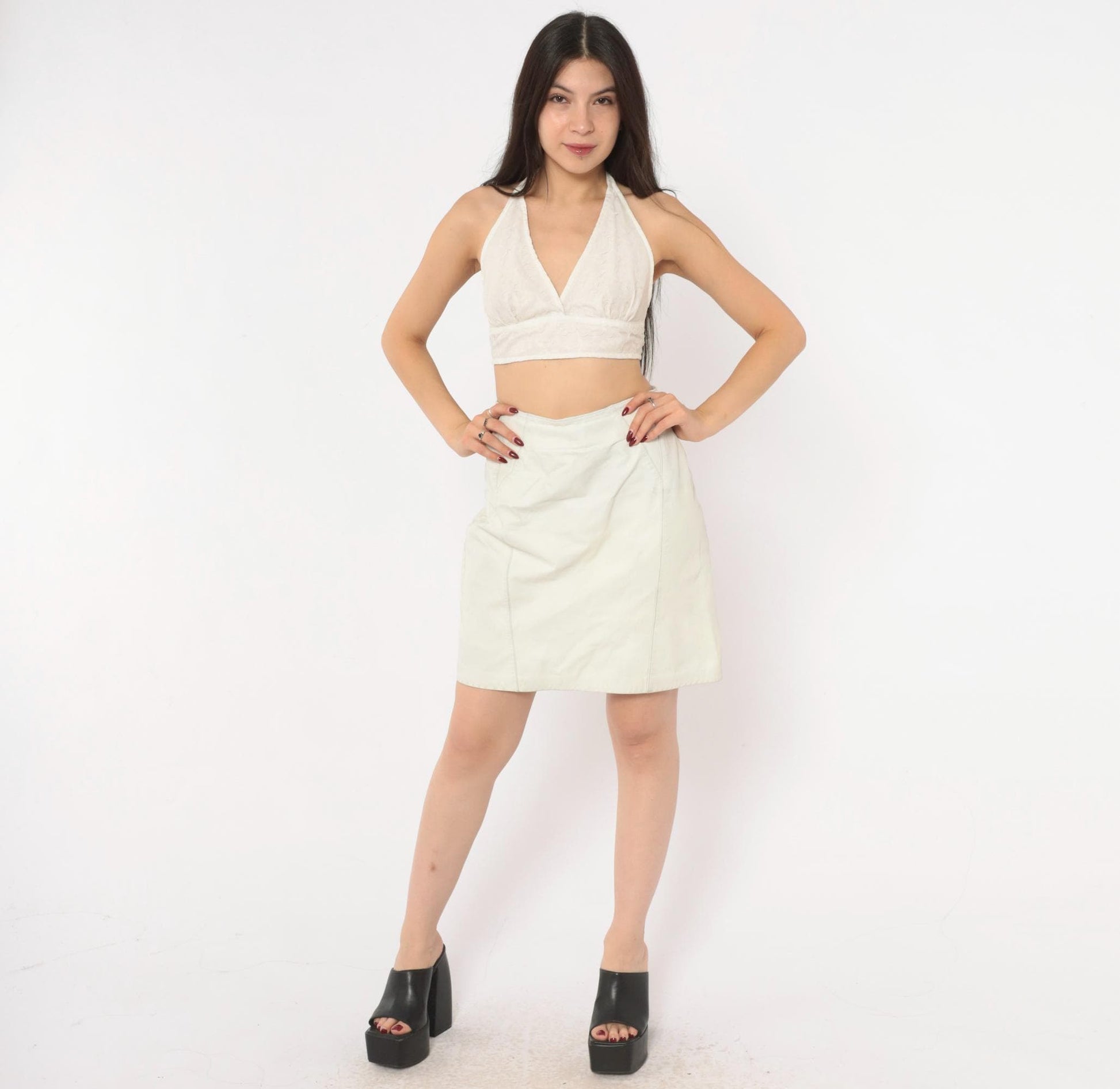 80s Ivory Leather Mini Skirt A-Line High Waist Paneled Seam Detail Small S