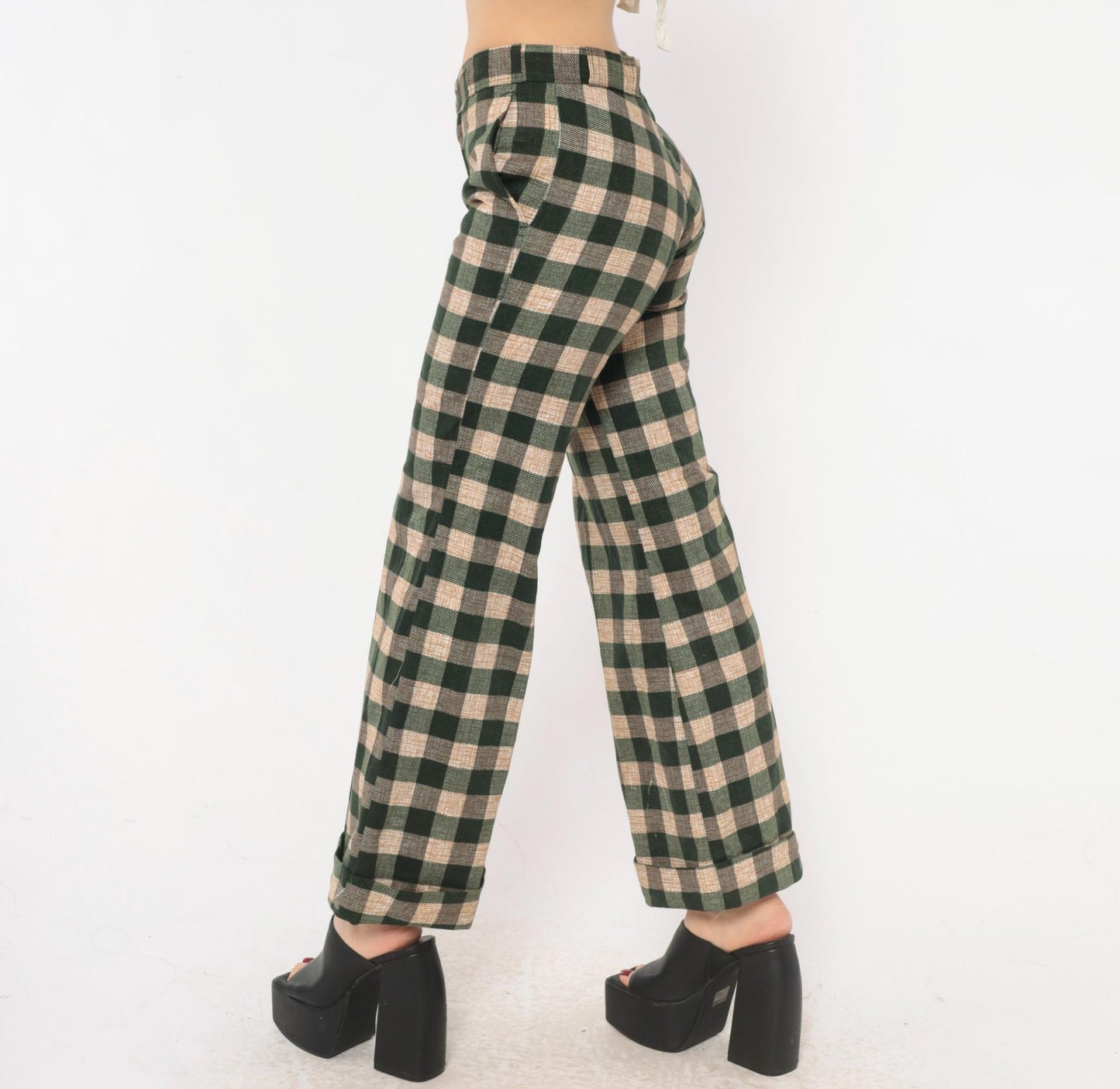 70s Tale Lord Green Tan Buffalo Check Flare Pants High Waist Extra Small XS