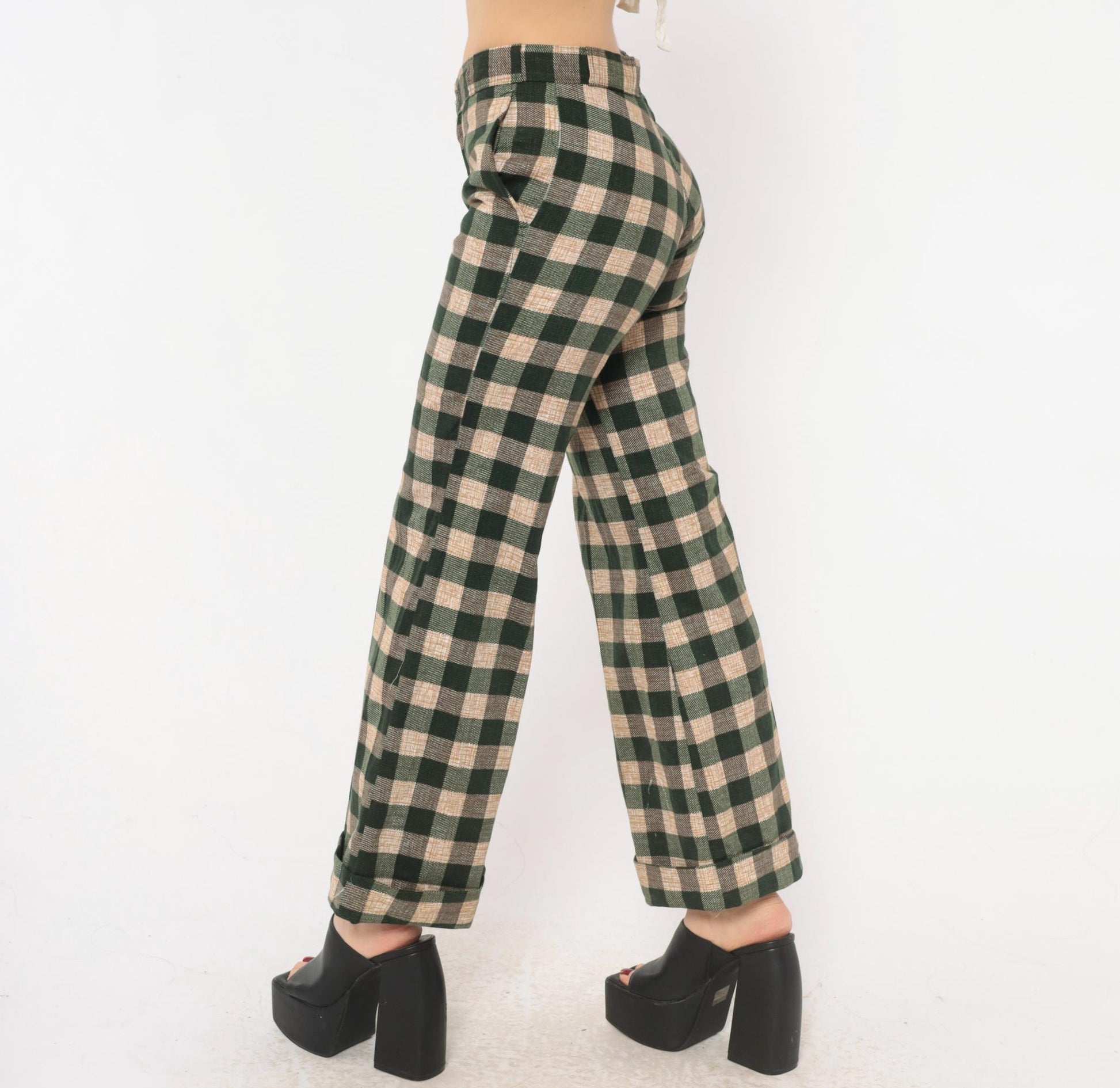70s Tale Lord Green Tan Buffalo Check Flare Pants High Waist Extra Small XS