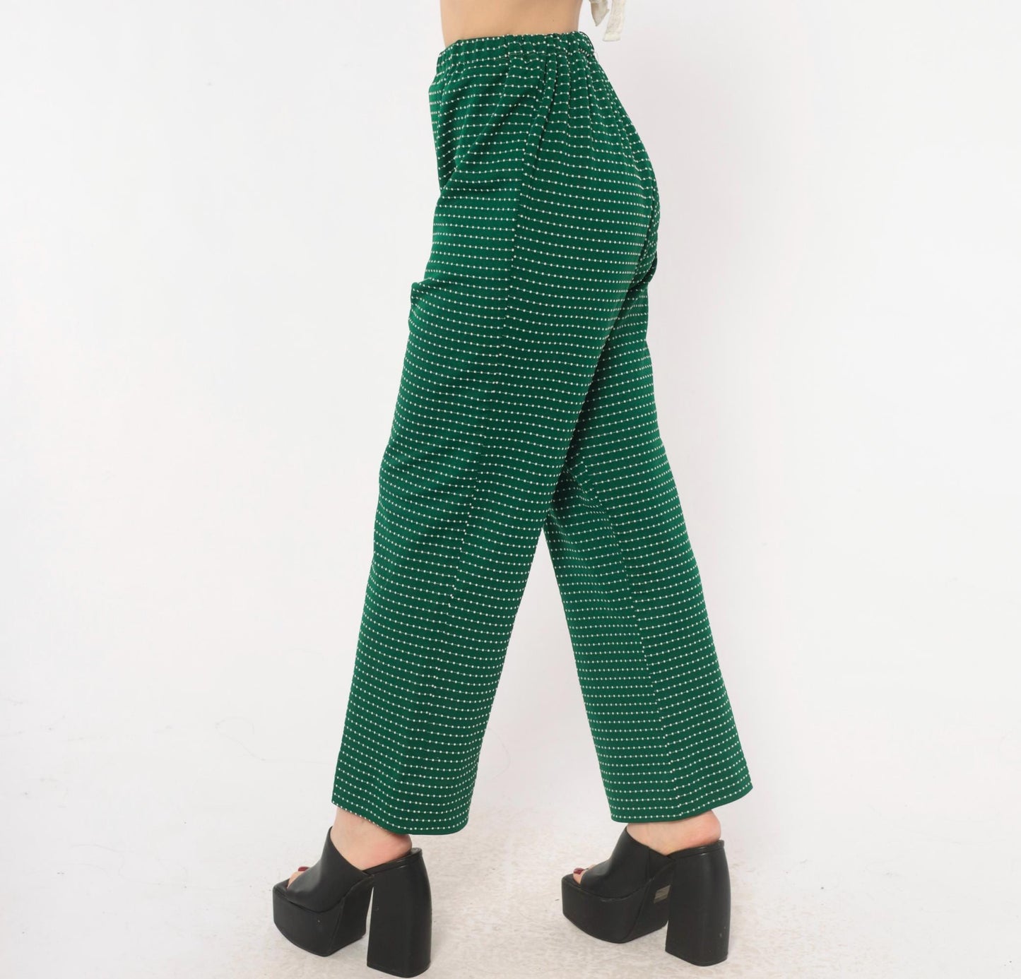 70s Green White Dotted Stripe Pull-On Trousers High Rise Wide Leg Small Medium