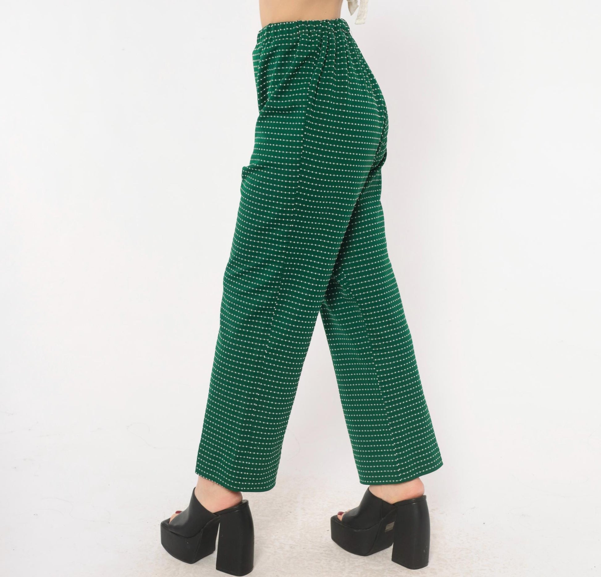 70s Green White Dotted Stripe Pull-On Trousers High Rise Wide Leg Small Medium