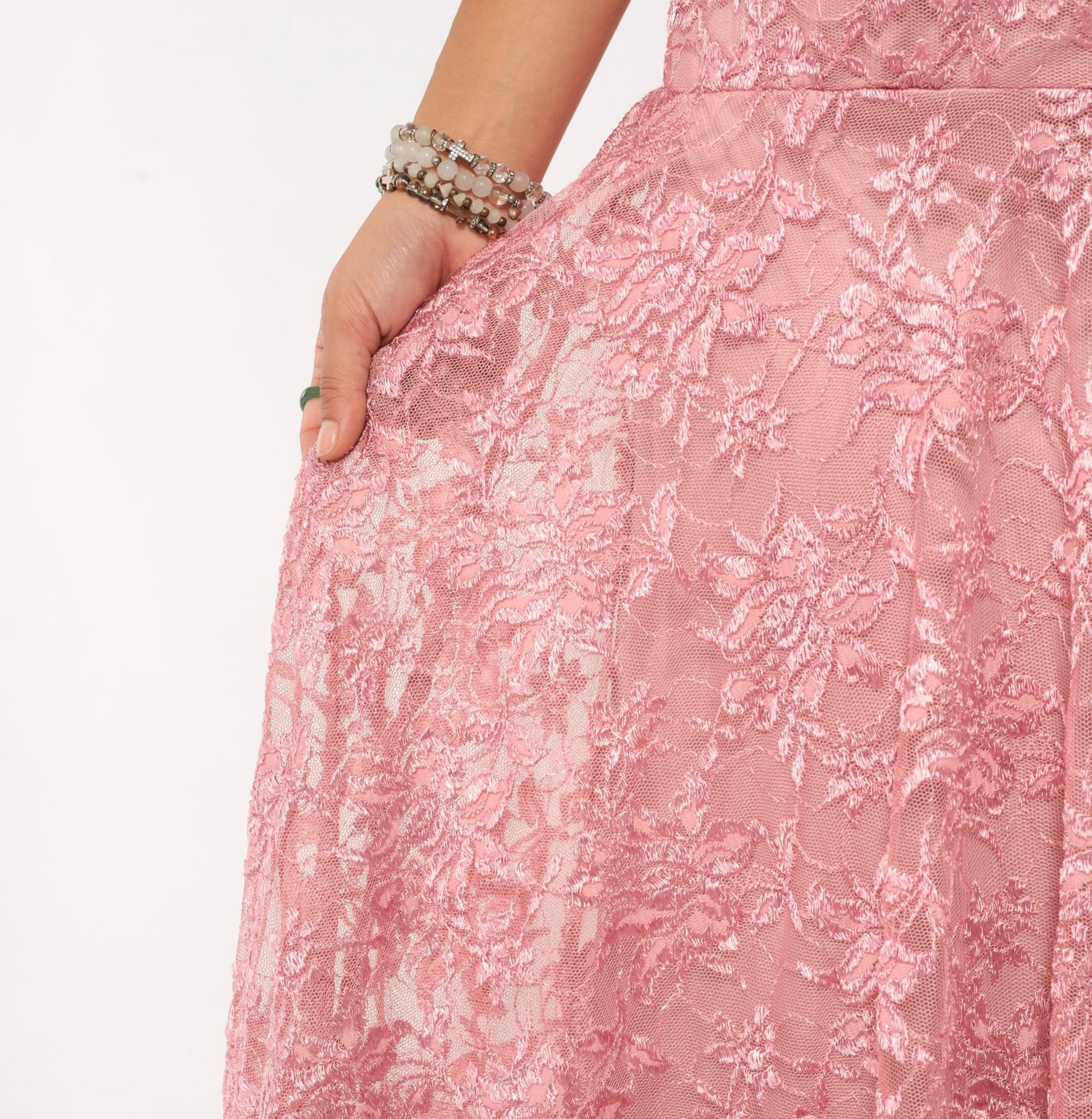 80s Pat Richards Pink Lace Maxi Dress Floral Embroidered Drop Waist Medium