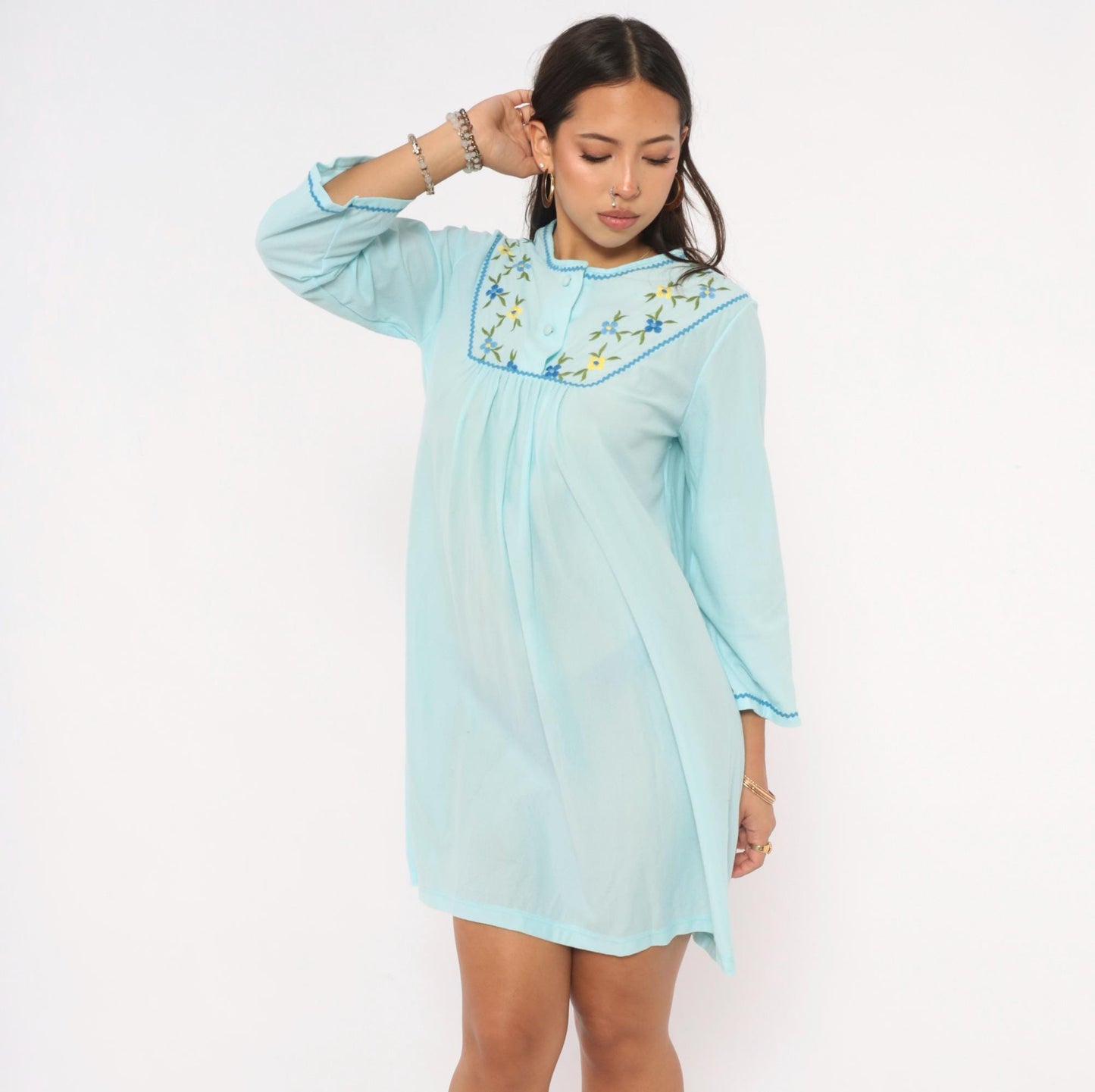 80s Sears Embroidered Floral Nightgown Baby Blue Button Front Mini Small