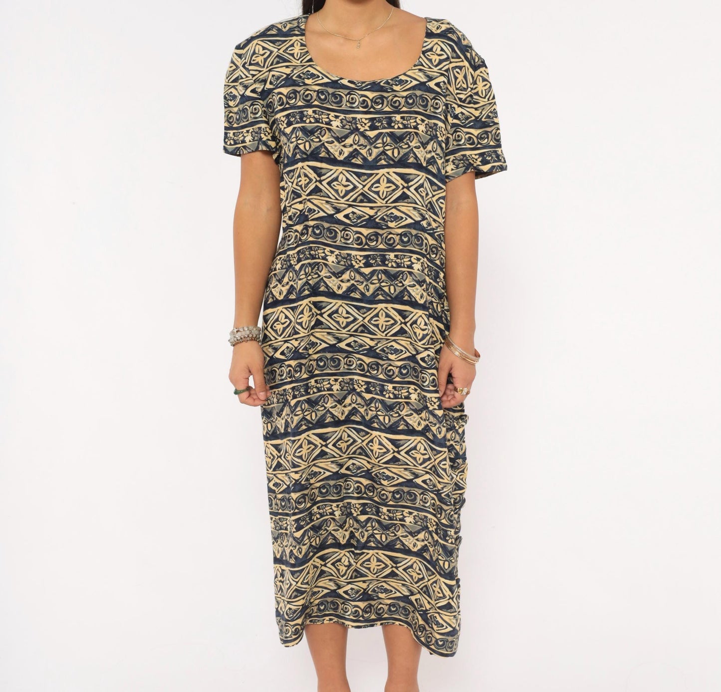 00s Maggy London Tribal Print Midi Dress Navy Cream Geometric Scoop Neck Large L