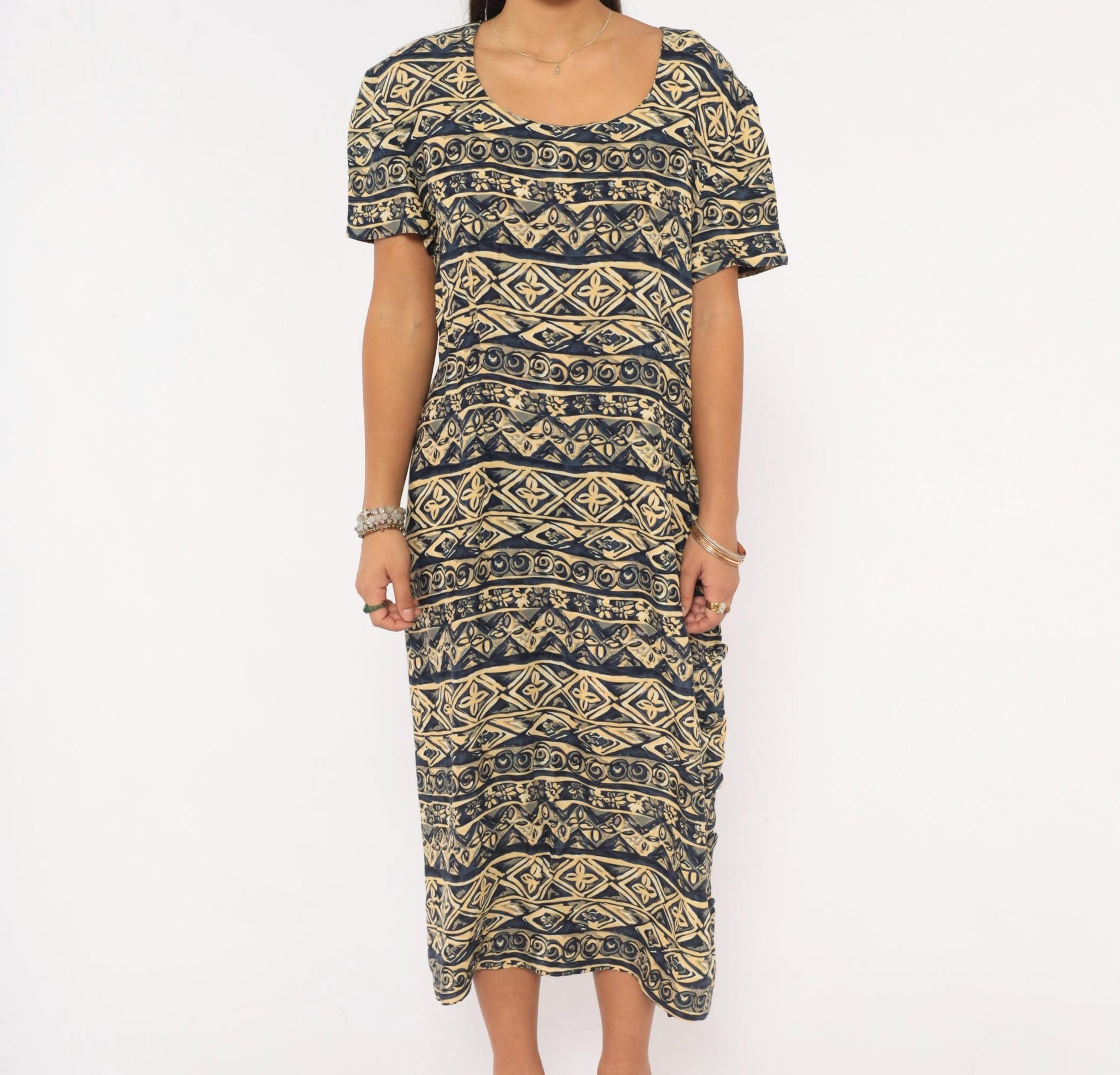 00s Maggy London Tribal Print Midi Dress Navy Cream Geometric Scoop Neck Large L