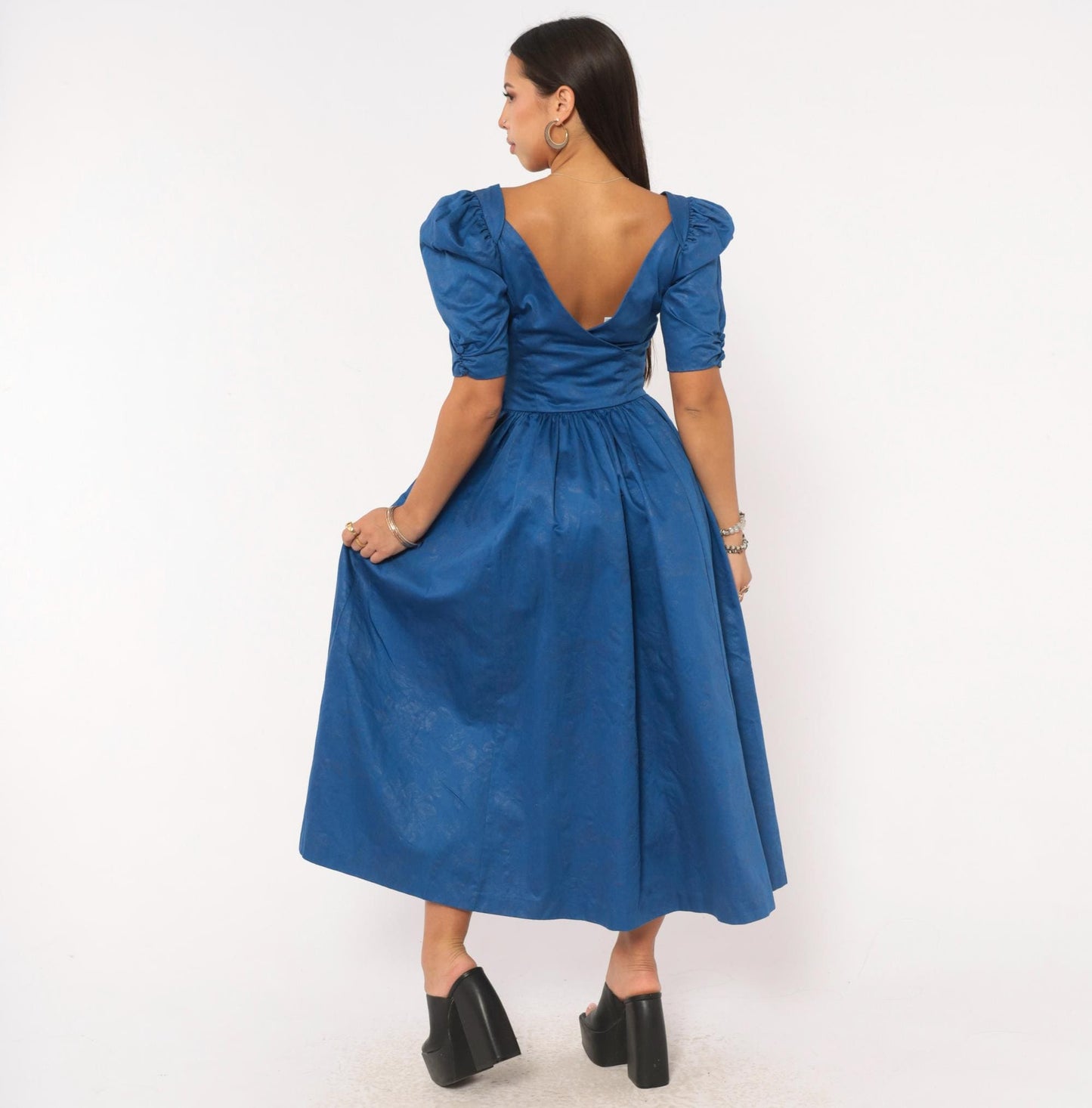 80s Laura Ashley Midi Dress Blue Cotton Puff Sleeve Sweetheart Neckline Extra Small XS