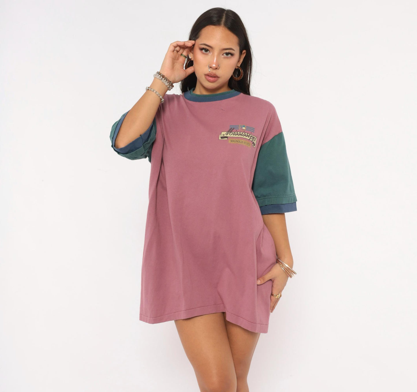 90s Mississippi Magnolia State Color Block Tee Mauve Teal Cotton Extra Large