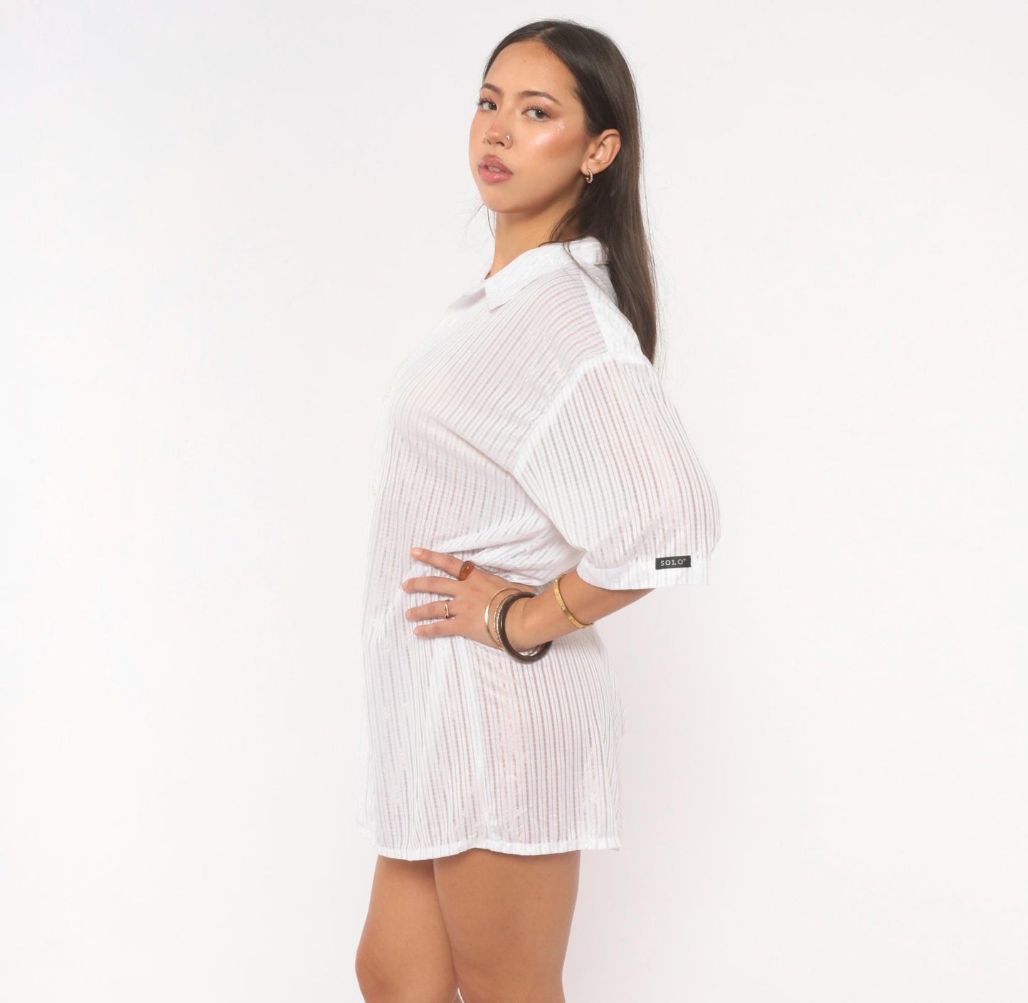 Y2K Solo White Striped Camp Collar Shirt Short Sleeve Plus Size 2X