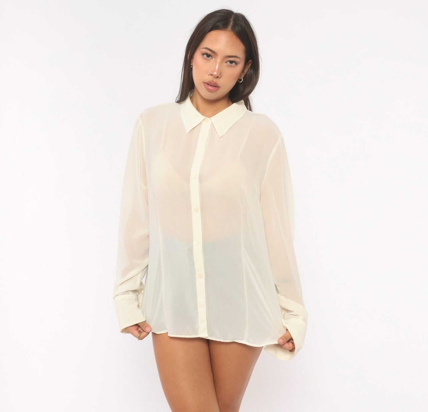 Y2K NY&Co Sheer Cream Button-Front Blouse Pointed Collar Long Sleeve Extra Large XL