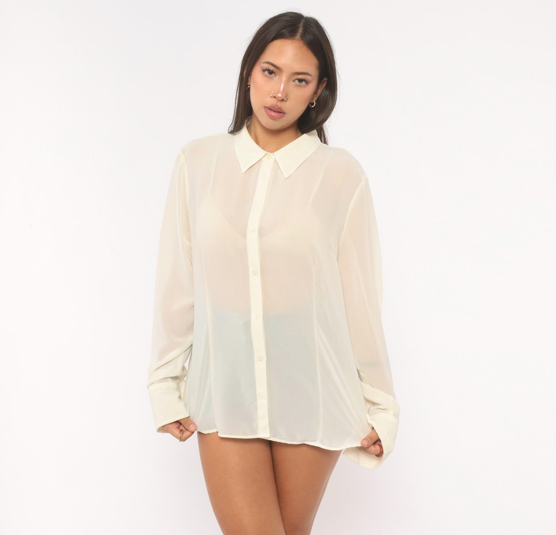 Y2K NY&Co Sheer Cream Button-Front Blouse Pointed Collar Long Sleeve Extra Large XL