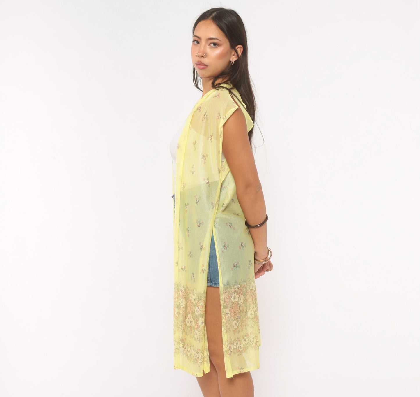 70s Yellow Sheer Floral Duster Cardigan Cap Sleeve Knee-Length Small