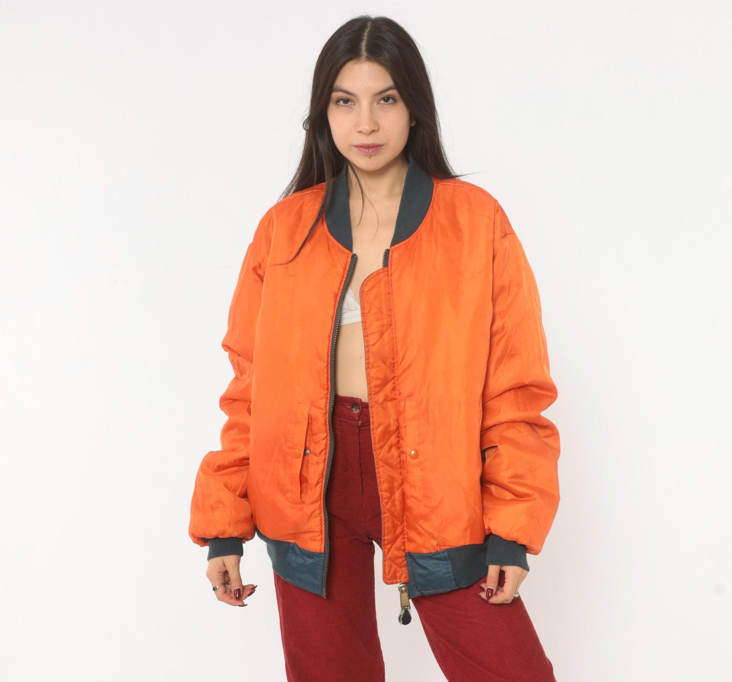 90s Rothco MA-1 Bomber Jacket Slate Blue Reversible Orange Flight Coat Large L