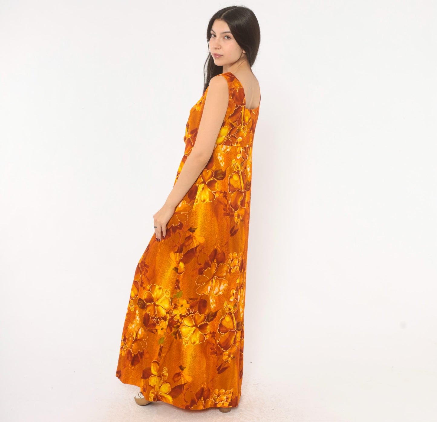 70s Kawika of Hawaii Maxi Dress Orange Floral Empire Waist Medium