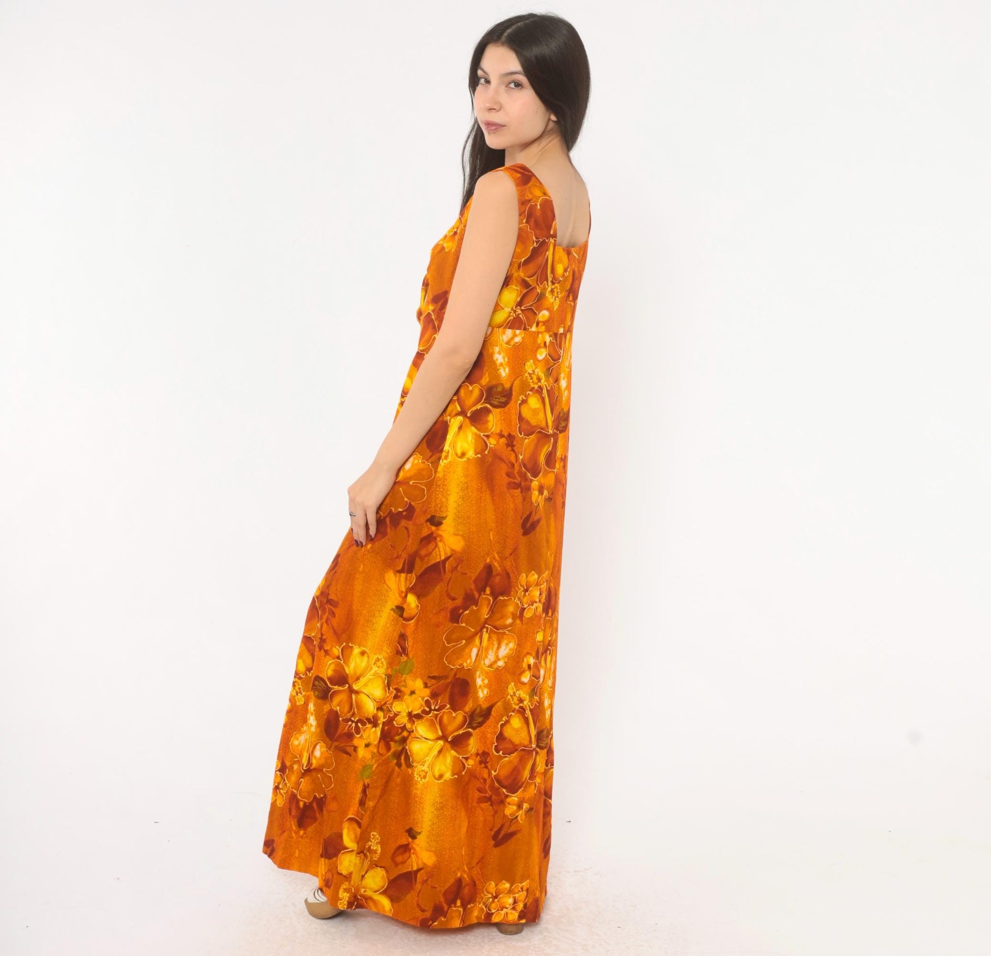 70s Kawika of Hawaii Maxi Dress Orange Floral Empire Waist Medium