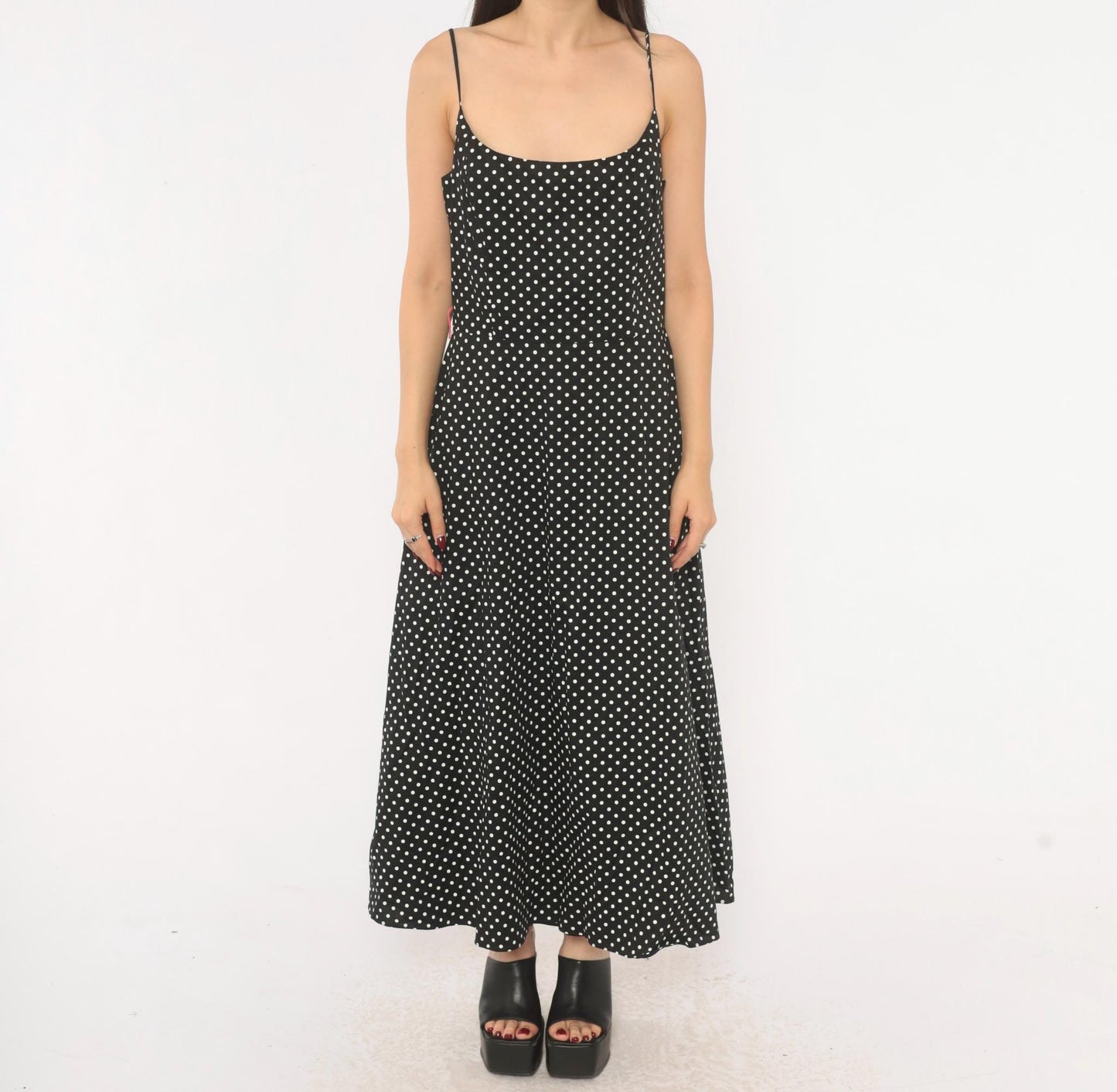 90s Jessica Howard Black White Polka Dot Cotton Maxi Slip Dress Medium M
